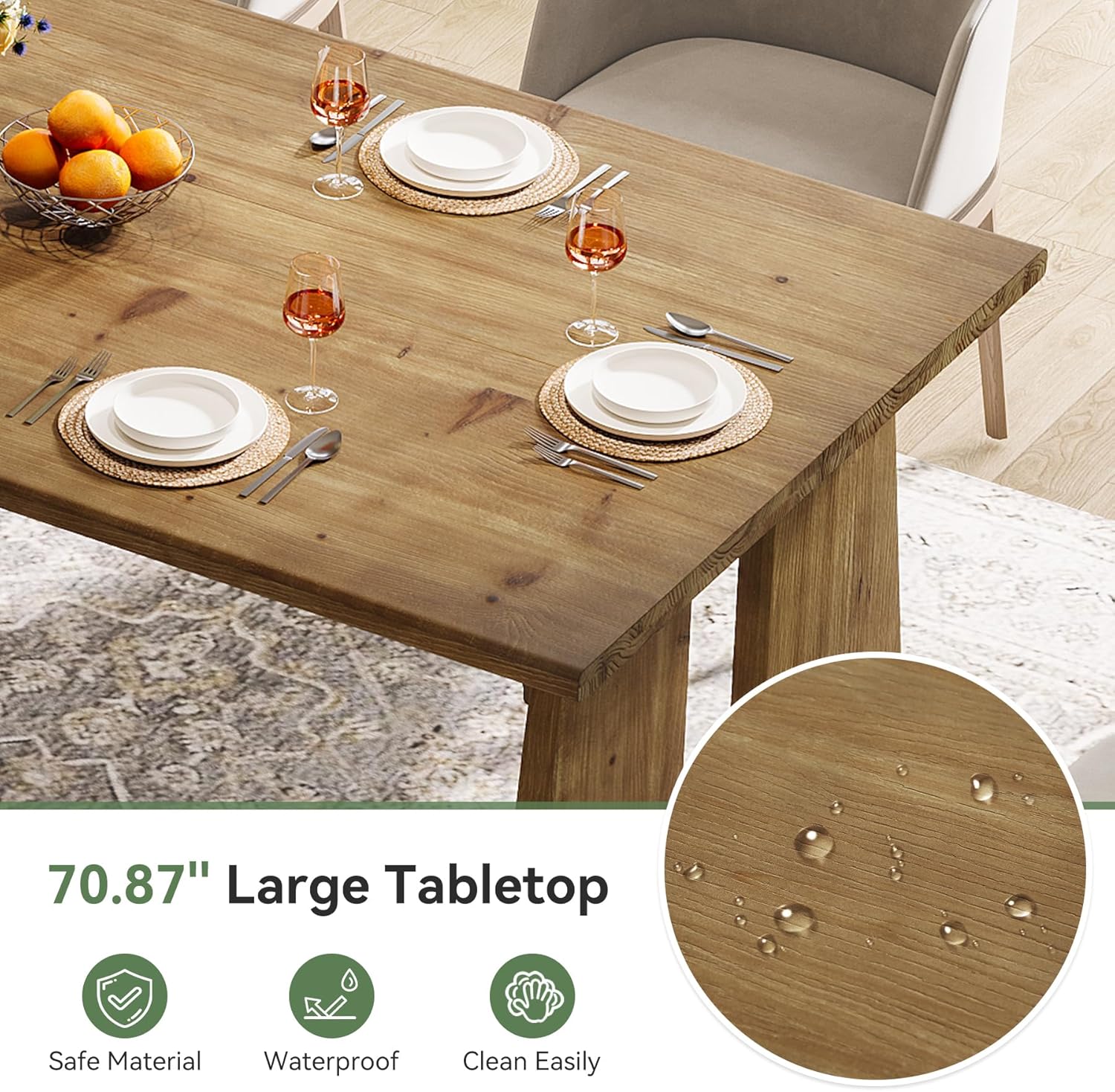 70.87" Dining Table with Unique Wood Base, Solid Wood Kitchen Table for 6-8, Modern Rectangle Kitchen and Dining Room Furniture, Brown