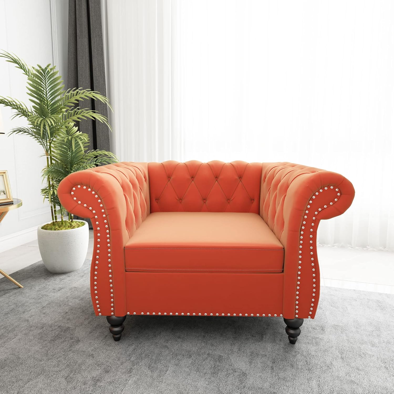 Chesterfield Sofa Velvet, Modern Tufted Couch 3 Seater with Rolled Arms and Nailhead for Living Room, Bedroom, Office, Apartment (Mango)