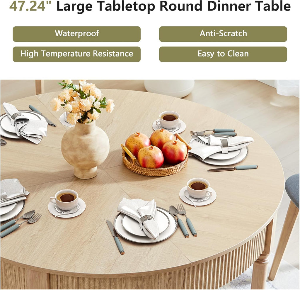 47'' Round Dining Table for 4-6, Modern Farmhouse Fluted Kitchen Table Dinner Table with 2 Storage Drawers, Wooden Circle Dining Tables with Solid Wood Legs for Home Dining Room Living Room, Natural