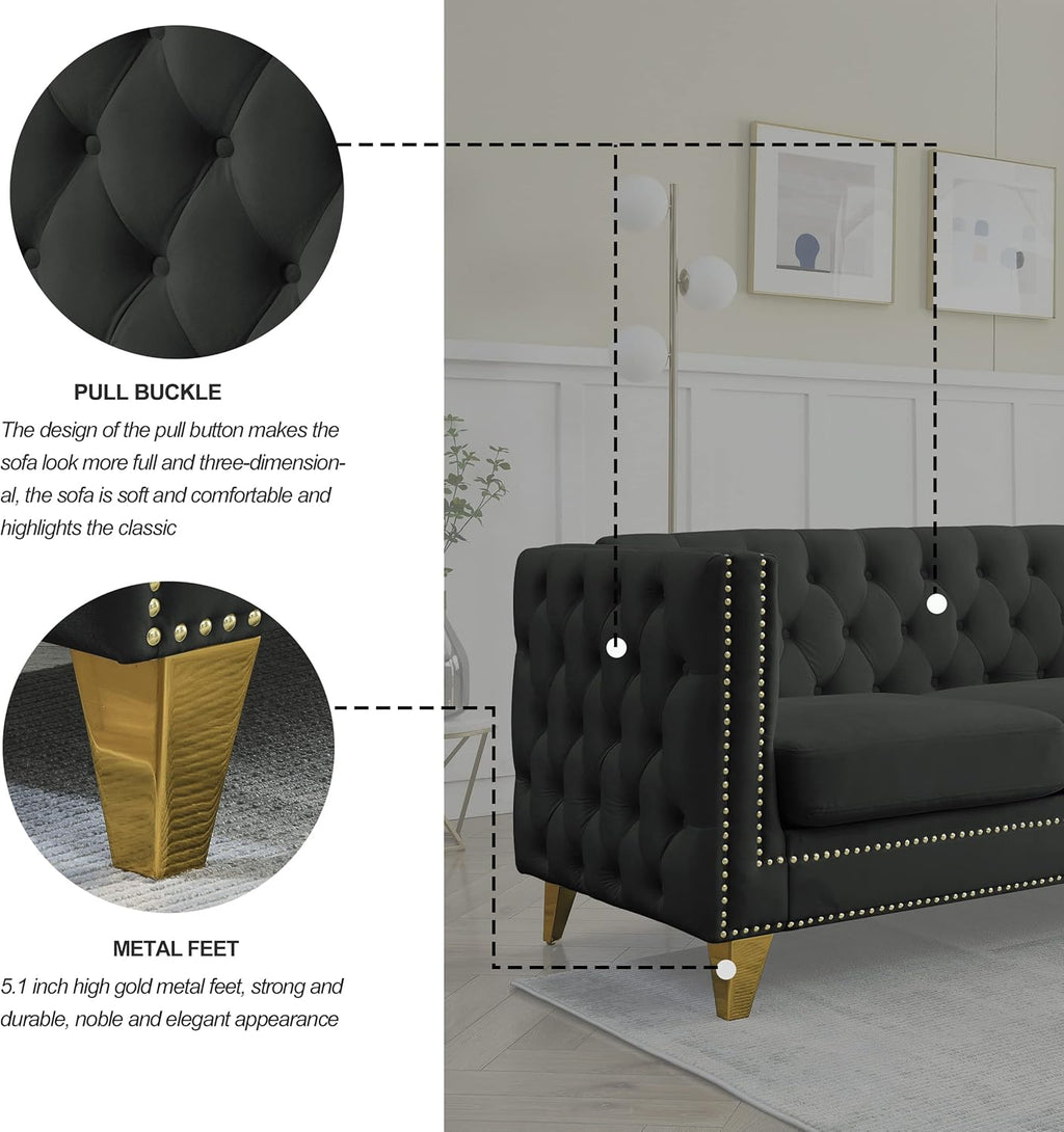 KEIKI Tufted Velvet 3 Seat Sofa Couch for Living Room, Buttons Tufted Square Arm Couch for Home Apartment, Black
