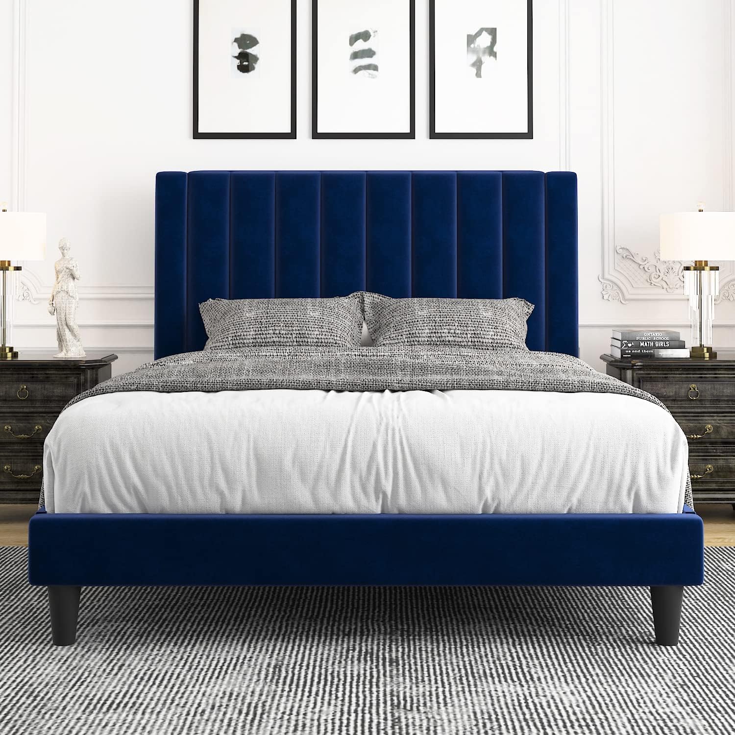 Allewie Queen Bed Frame/Velvet Upholstered Bed Frame with Vertical Channel Tufted Headboard/Strong Wooden Slats/Platform Bed Frame/Mattress Foundation/Box Spring Optional/Easy Assembly/White
