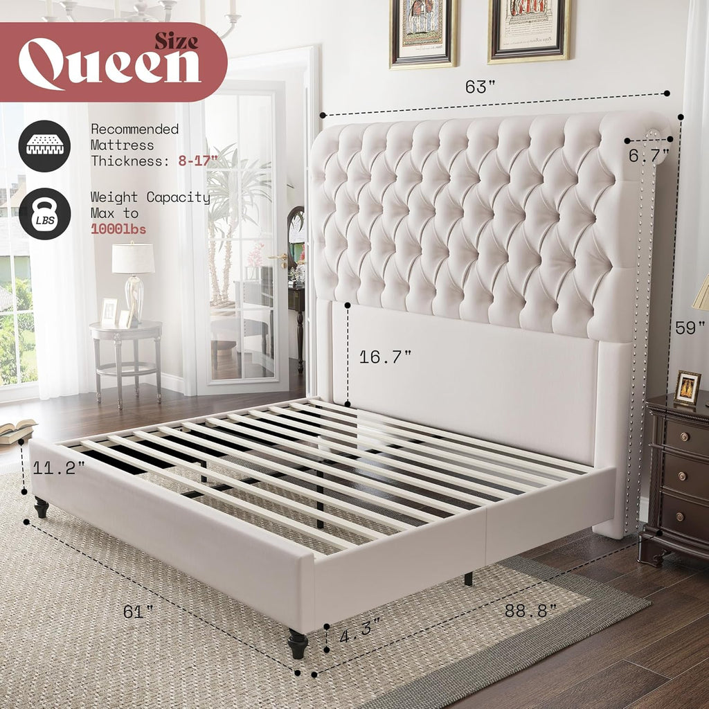 AMERLIFE Queen Size Bed Frame with 59" Tall Wingback Headboard, Velvet Upholstered Platform, Button Tufted Sleigh Design, No Box Spring Needed,Cream