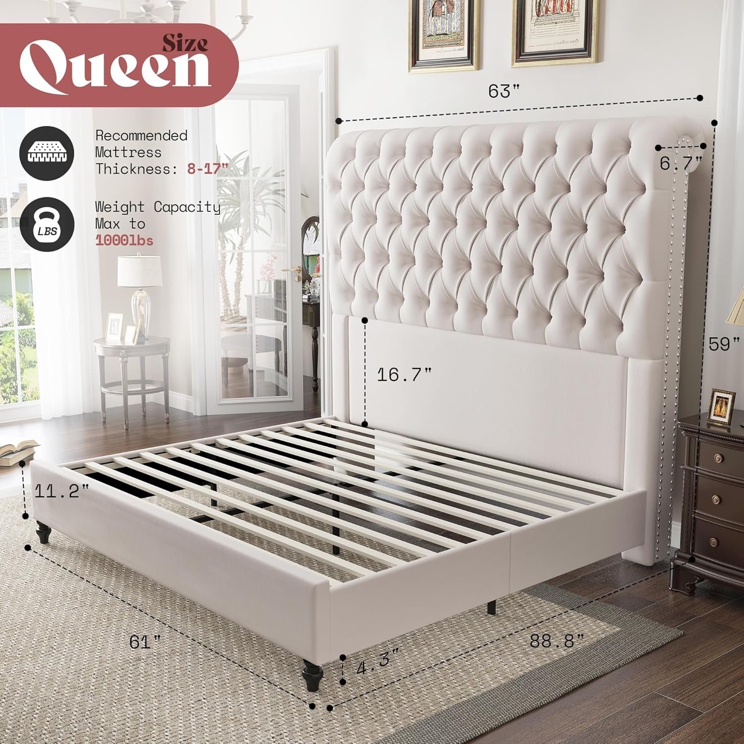 AMERLIFE Queen Size Bed Frame with 59" Tall Wingback Headboard, Velvet Upholstered Platform, Button Tufted Sleigh Design, No Box Spring Needed,Cream