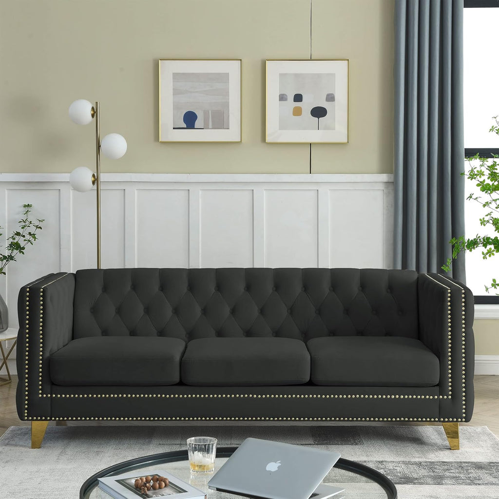 KEIKI Tufted Velvet 3 Seat Sofa Couch for Living Room, Buttons Tufted Square Arm Couch for Home Apartment, Black