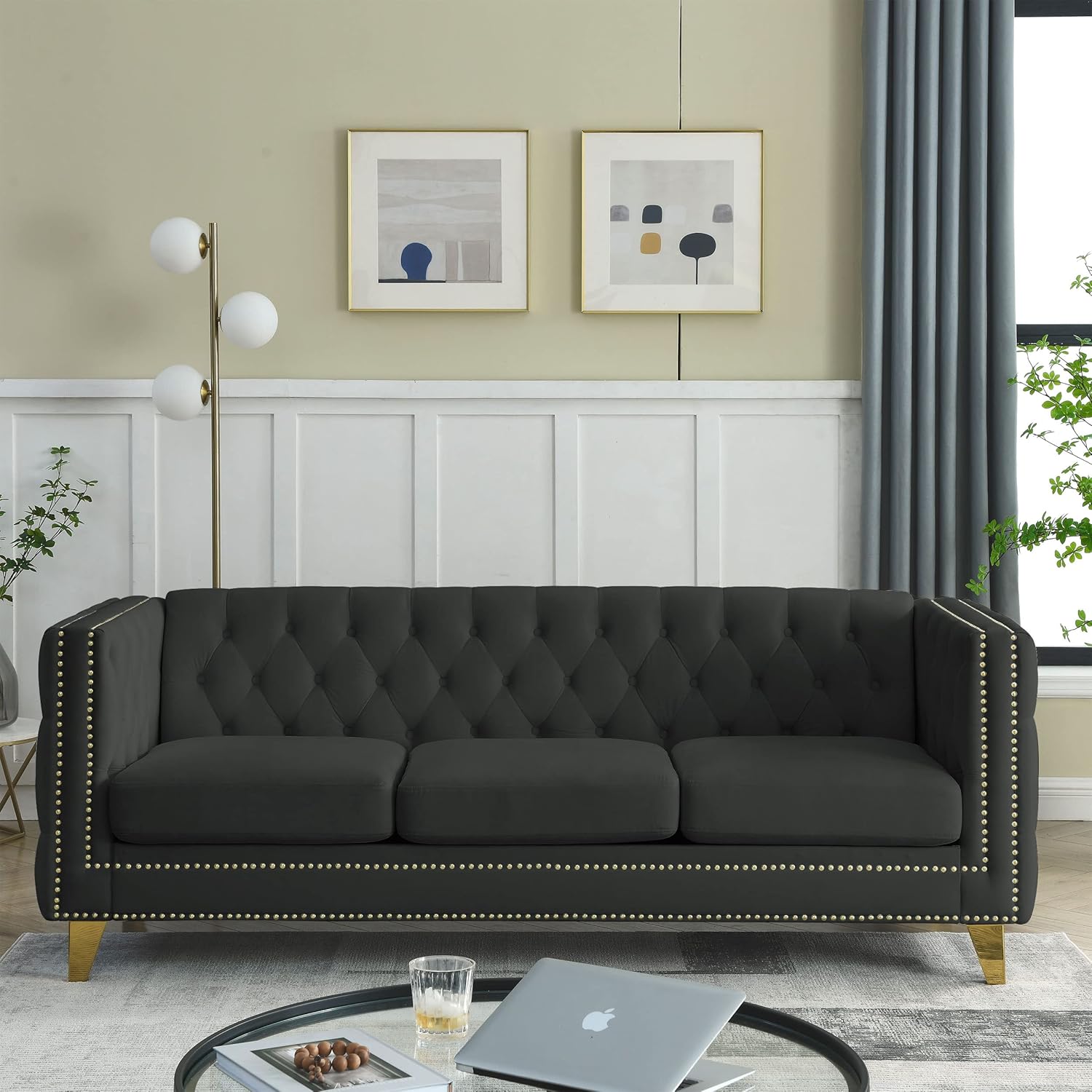 KEIKI Tufted Velvet 3 Seat Sofa Couch for Living Room, Buttons Tufted Square Arm Couch for Home Apartment, Black
