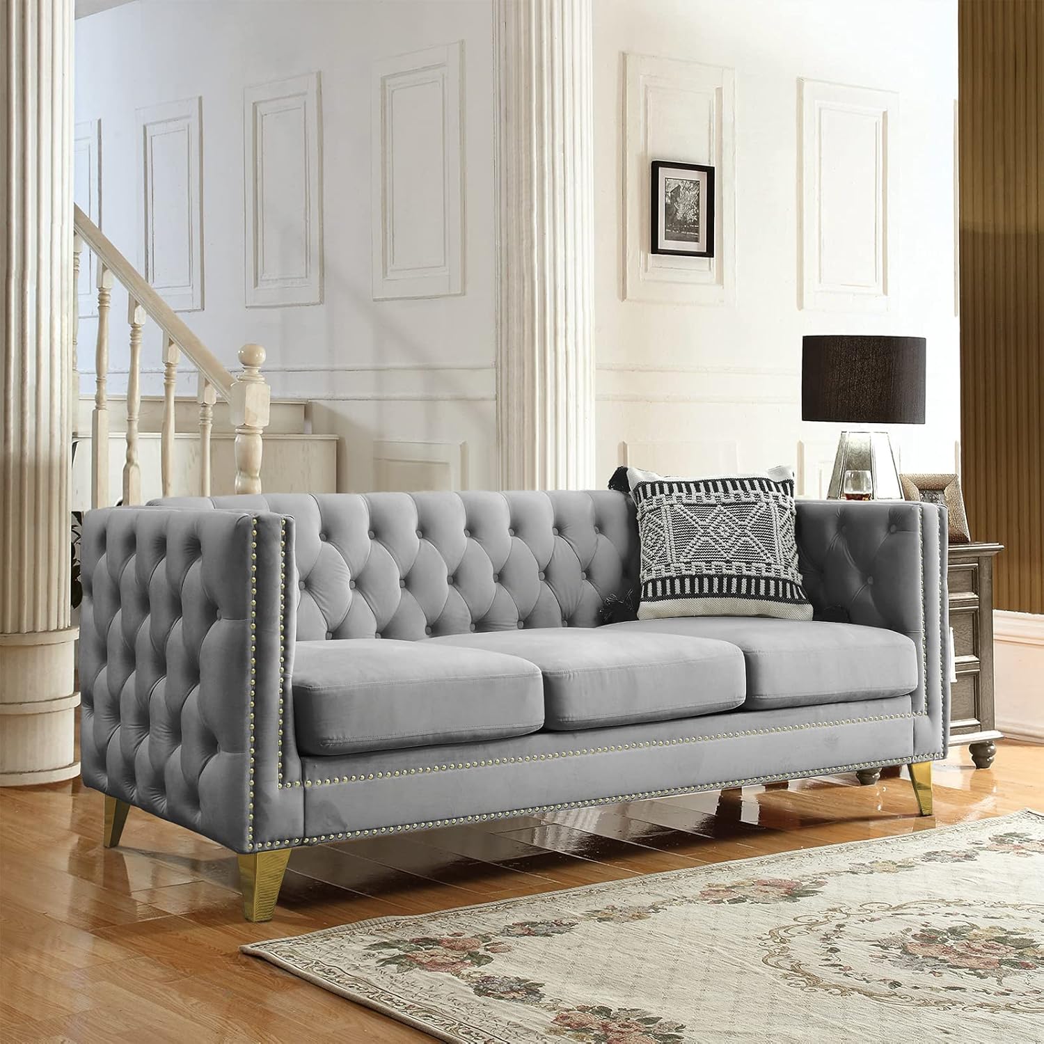 Antetek Comfy Upholstered Couches for Living Room, 80-inch Modern Button Tufted 3-Seater Sofa w/Square Arm, 4 Golden Metal Legs and Gold Nail Heads for Living Room, Office, Apartment, Beige