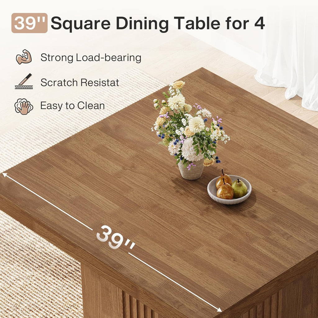 Tribesigns 39-Inch Square Dining Table for 4, Farmhouse Kitchen Dinner Table with Fluted Pedestal Base for Dining Room, Kitchen, Living Room, Apartments, Small Space, Easy to Assemble, Brown