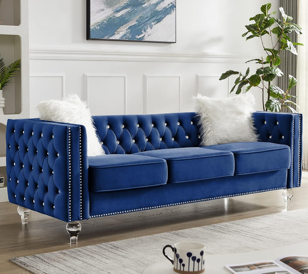 mikibama Velvet 3 Seater Sofa Couch with Buttons and Square Arms 83.07 Inch Tufted 3-seat Sofas with Trimmed Nailhead and Acrylic Legs Modern Couches for Living Room (Navy Blue-Crystal Legs, Sofa)