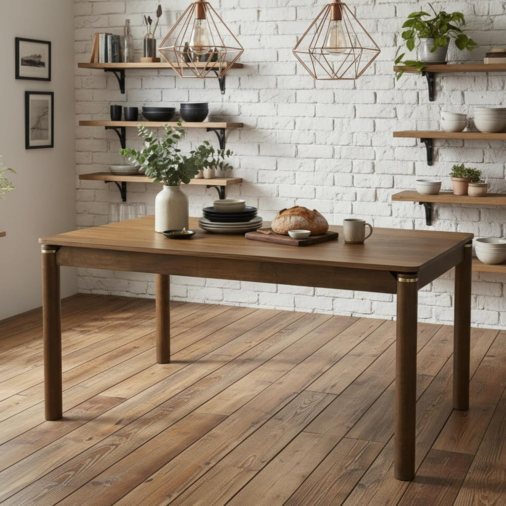 Solid Wood Dining Table for 4-6, 63 Inch Mid Century Modern Rectangular Kitchen Table with Gold Ring Decoration, Farmhouse Dinner Table for Dining Room/Home Office/Restaurant, Walnut