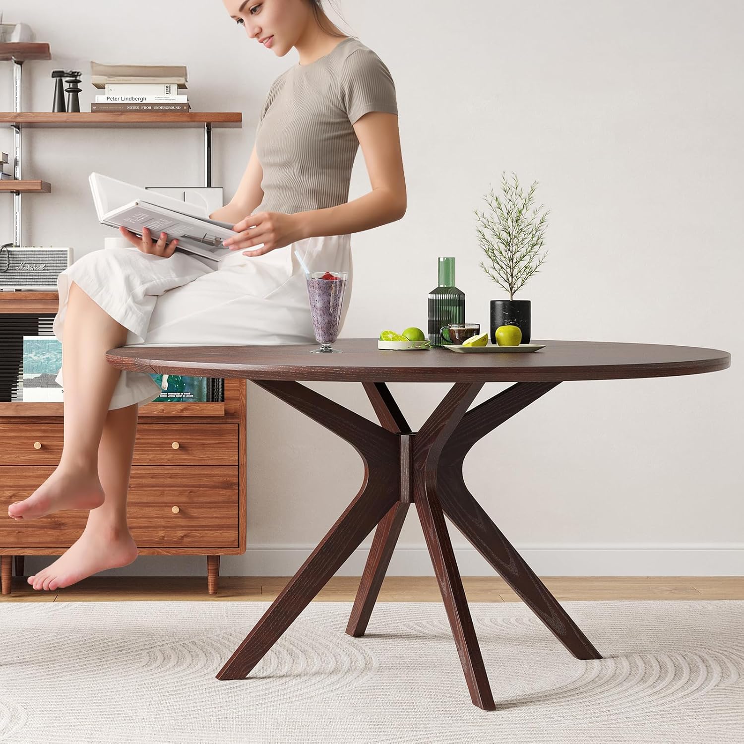 Soohow 47.2" Solid Wood Round Dining Kitchen Table for 4-6 People with Intersecting Pedestal Base