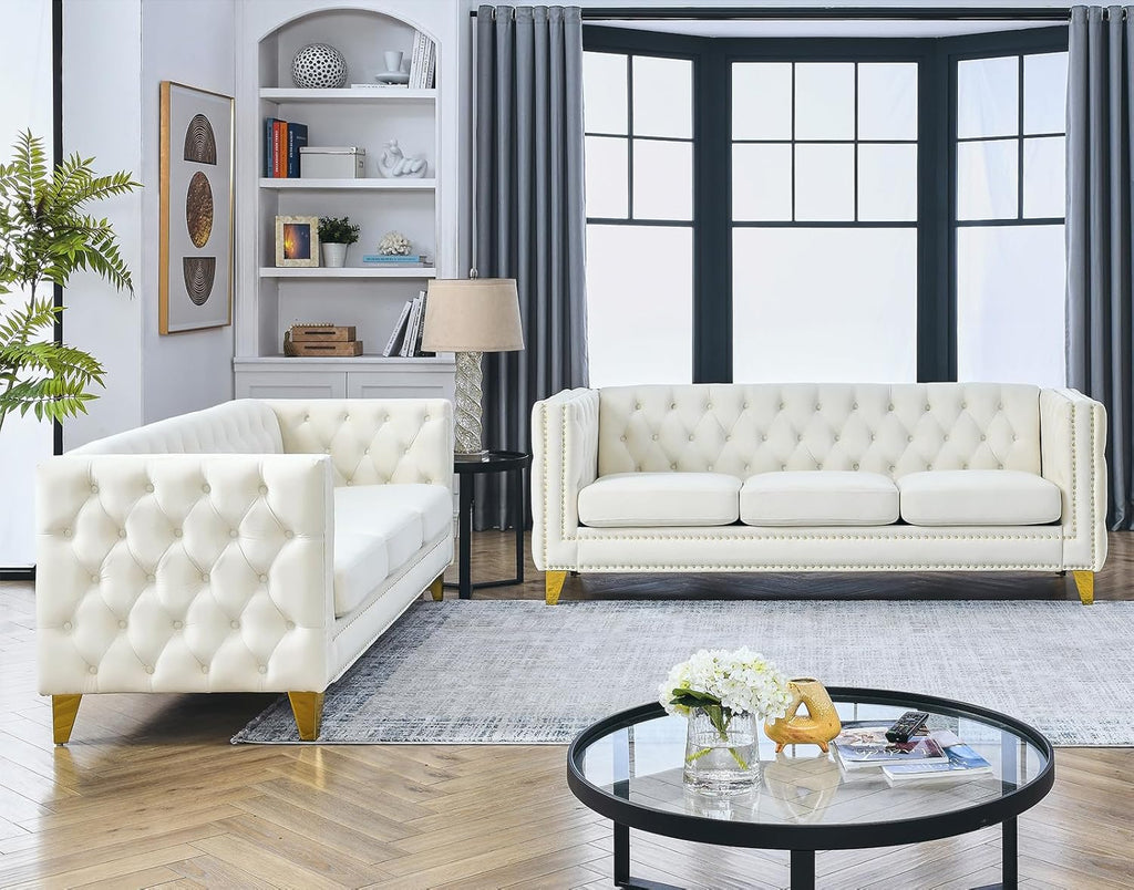 Antetek Comfy Upholstered Couches for Living Room, 80-inch Modern Button Tufted 3-Seater Sofa w/Square Arm, 4 Golden Metal Legs and Gold Nail Heads for Living Room, Office, Apartment, Beige
