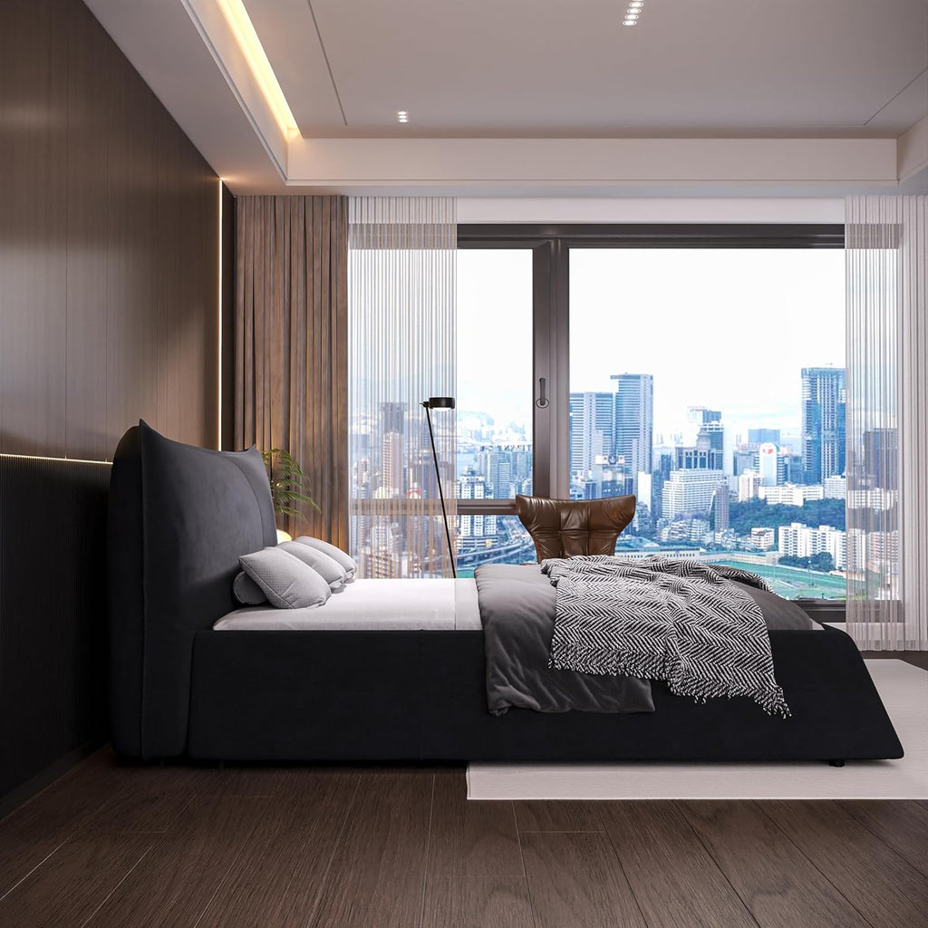 DEINPPA Contemporary Upholstered Bed with Oversized Soft Headboard, King Size Platform Bed |Thickening Pine Wood Slats|No Box Spring Needed|1000 Lbs Weight Capacity-for Adult Master Bedroom-Black