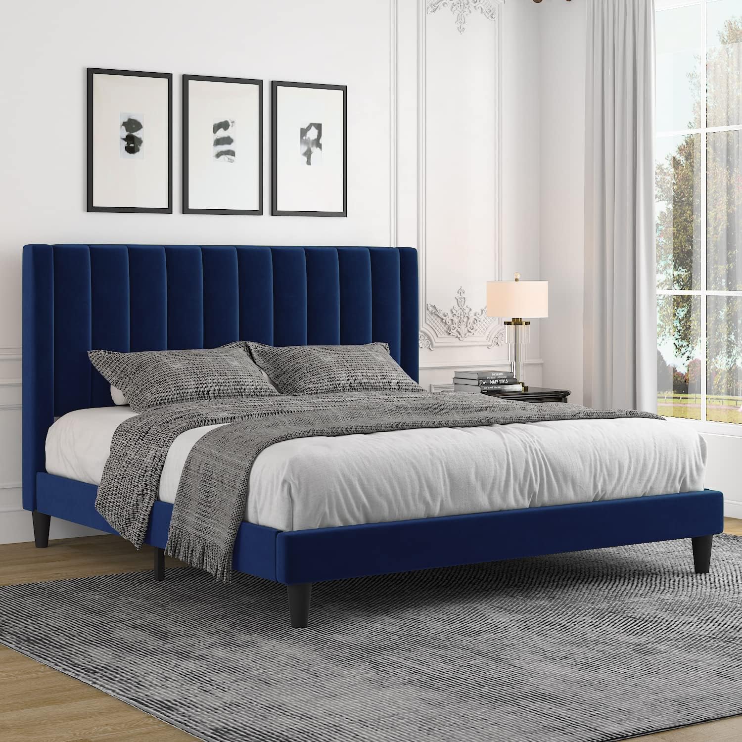 Allewie Queen Bed Frame/Velvet Upholstered Bed Frame with Vertical Channel Tufted Headboard/Strong Wooden Slats/Platform Bed Frame/Mattress Foundation/Box Spring Optional/Easy Assembly/White