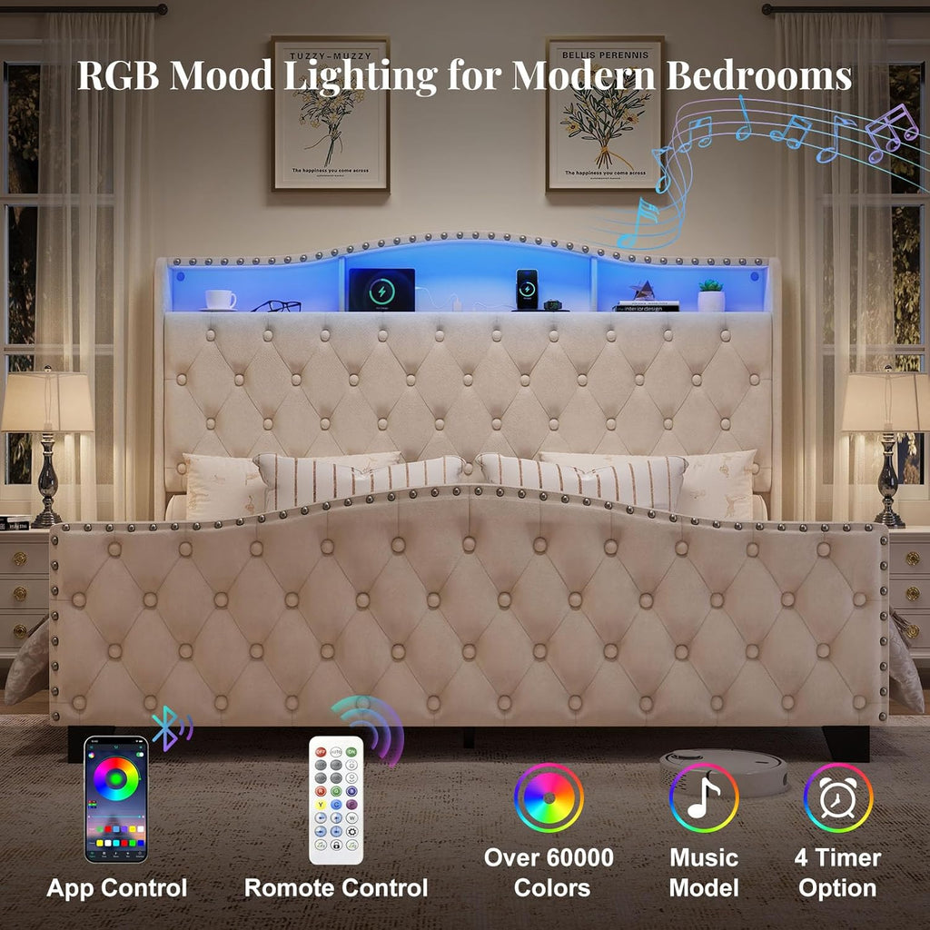 Belffin King Size Bed Frame and Headboard, 50.9" Velvet Upholstered Wingback Bedframe with LED Lights & Storage/Charging Station, Button Tufted Tall Footboard, No Box Spring Needed, Noise-Free, Beige