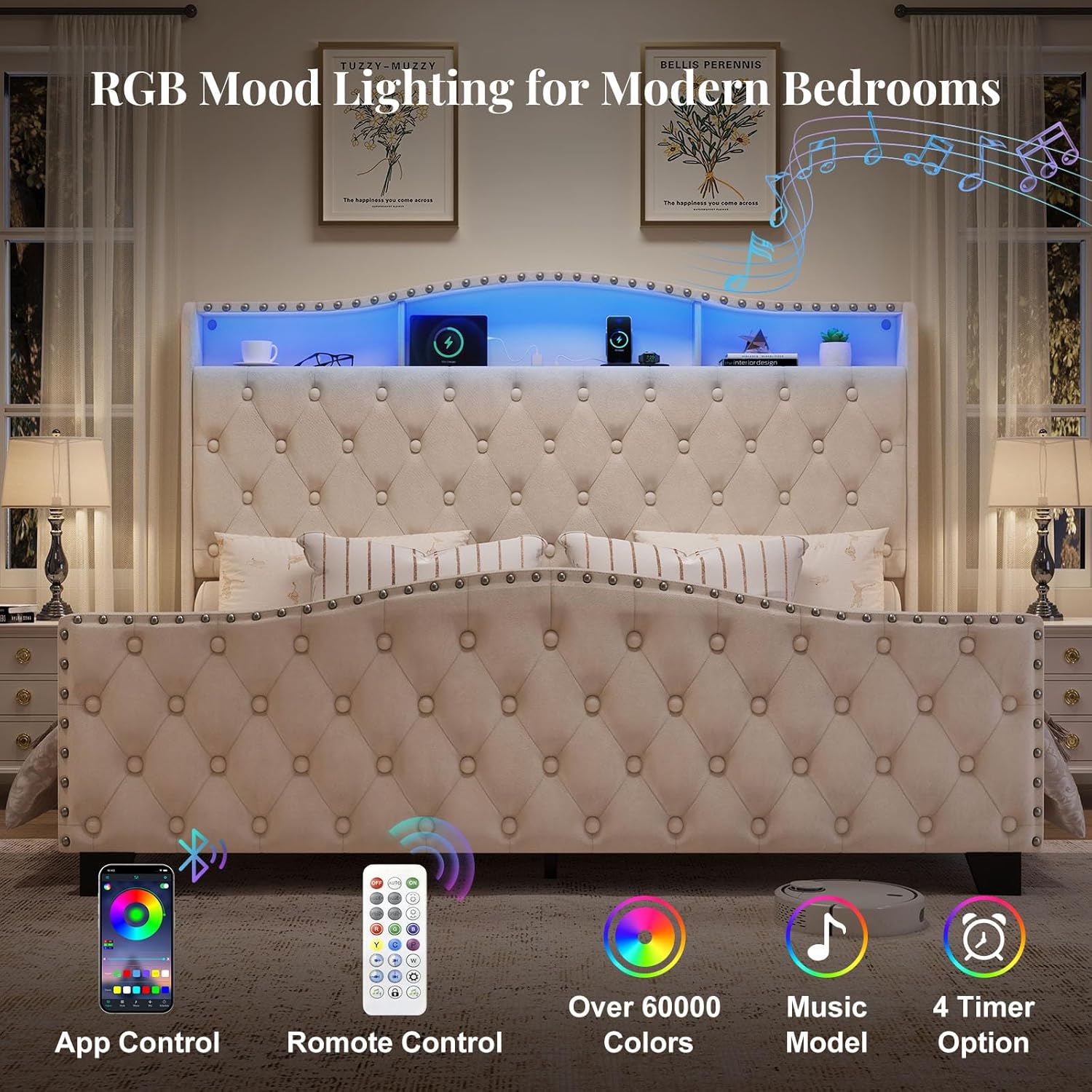 Belffin King Size Bed Frame and Headboard, 50.9" Velvet Upholstered Wingback Bedframe with LED Lights & Storage/Charging Station, Button Tufted Tall Footboard, No Box Spring Needed, Noise-Free, Beige