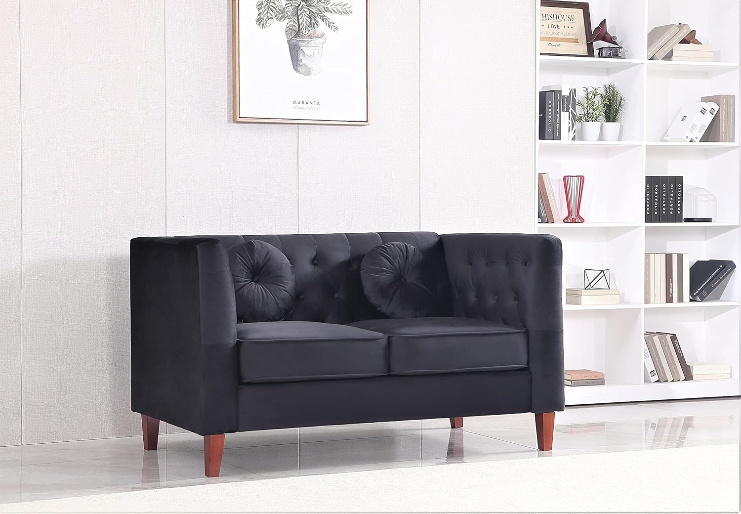 Kittleson Classic Chesterfield Velvet Loveseat Sofa with Elegant Button Tufted Backrest, Square Legs, High-Density Foam & Accent Pillows, 2 Seater Couch for Living Room, Love Seat, Dark Blue