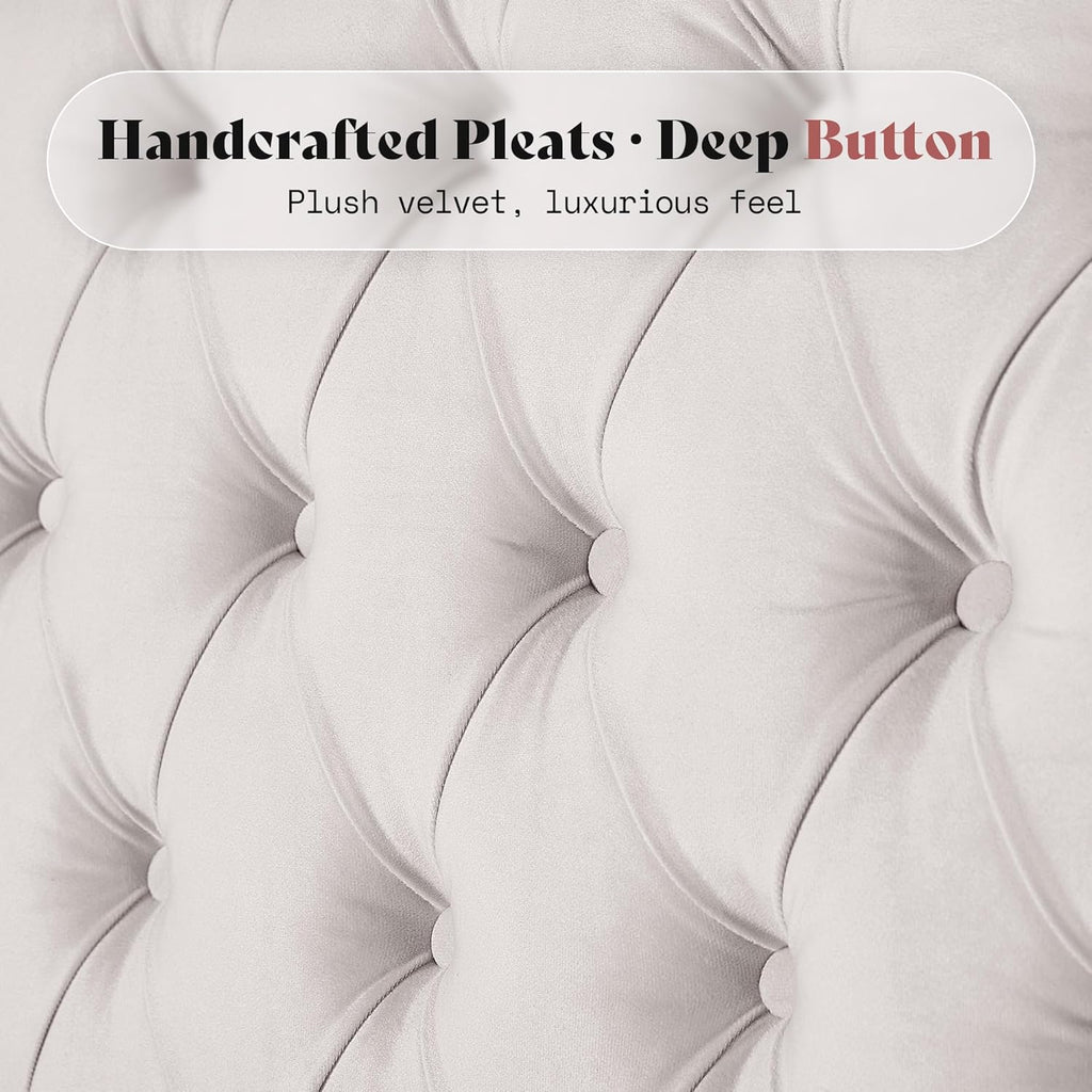 AMERLIFE Queen Size Bed Frame with 59" Tall Wingback Headboard, Velvet Upholstered Platform, Button Tufted Sleigh Design, No Box Spring Needed,Cream