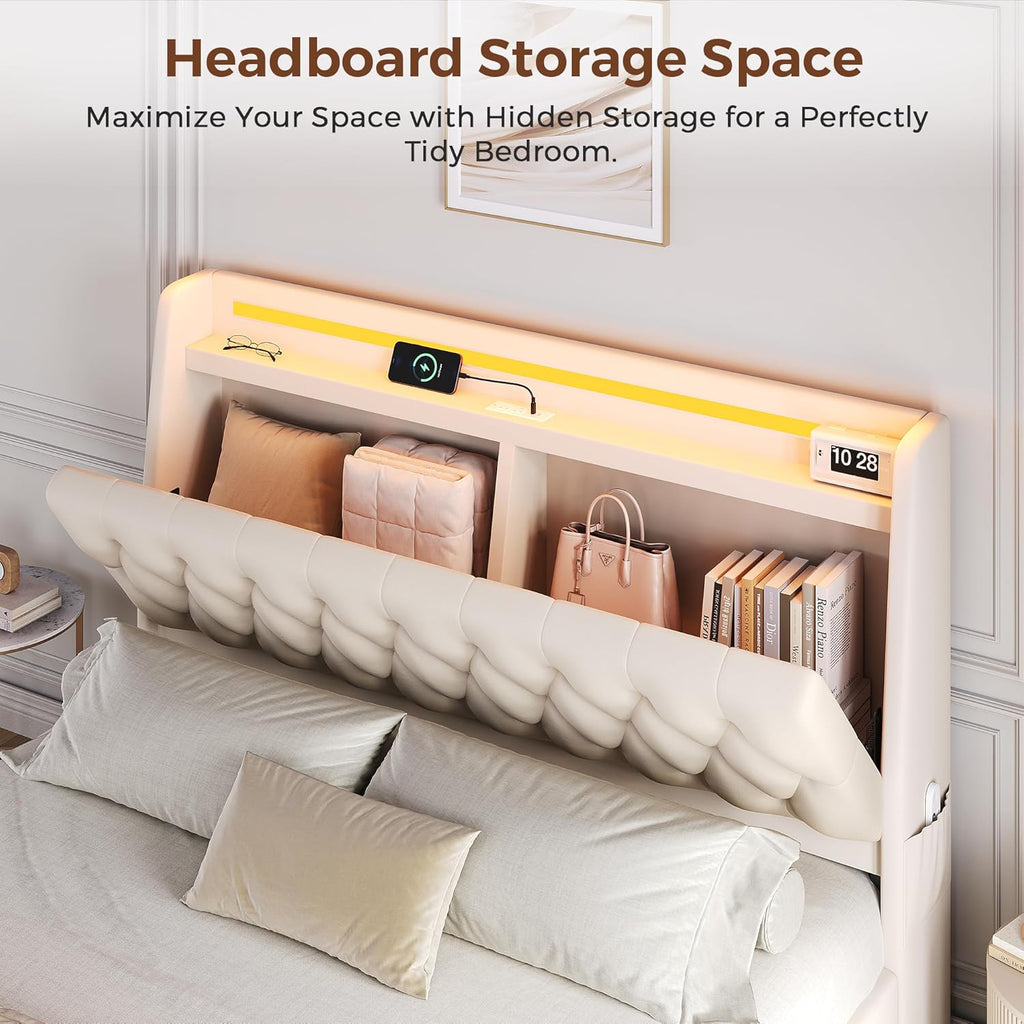 Queen LED Velvet Bed Frame with 2 Storage Drawers&Hidden Headboard, Upholstered Platform Bed with Charging Station&Button Tufted Design, Wooden Slats Support, Box Spring Optional, Easy Assembly, Beige