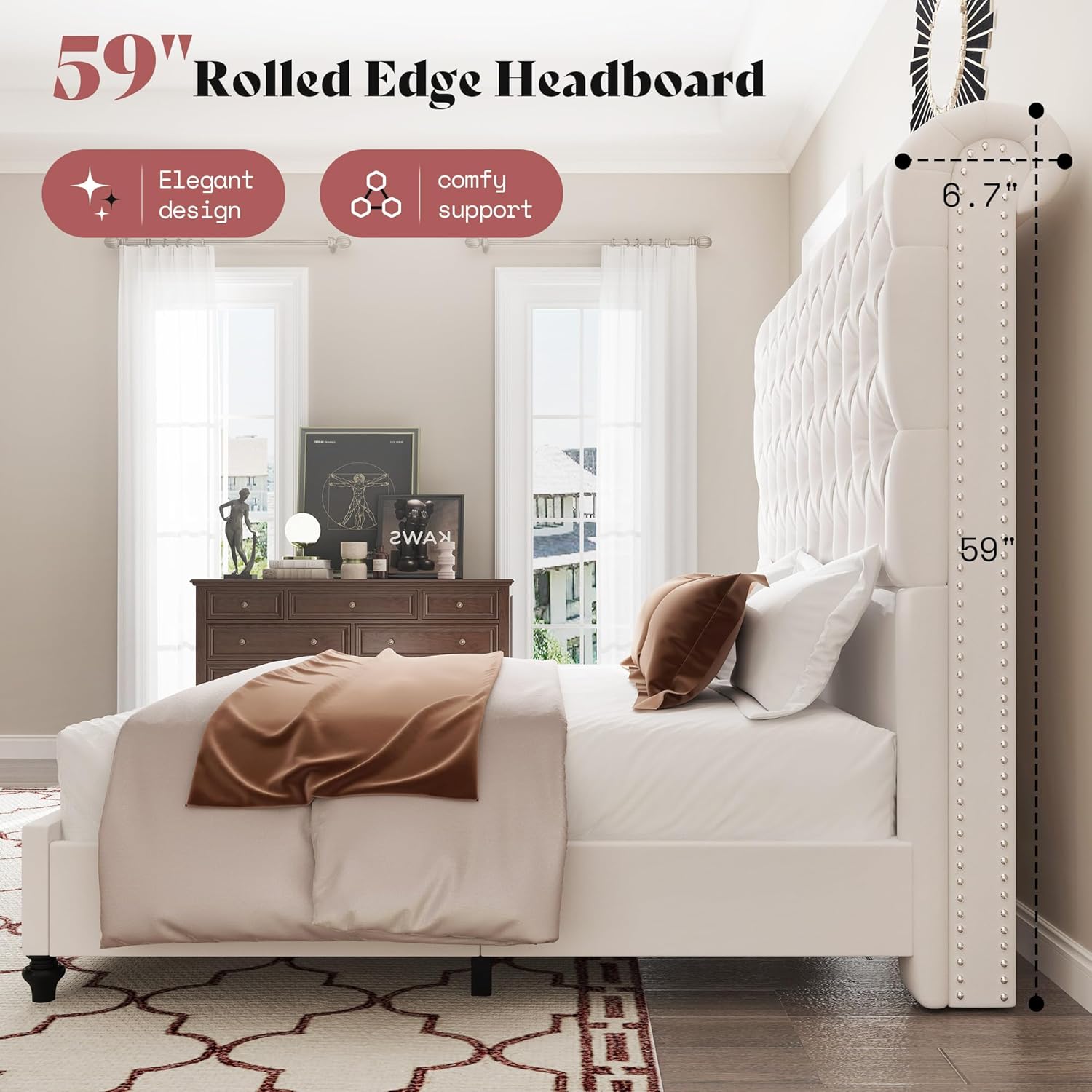 AMERLIFE Queen Size Bed Frame with 59" Tall Wingback Headboard, Velvet Upholstered Platform, Button Tufted Sleigh Design, No Box Spring Needed,Cream