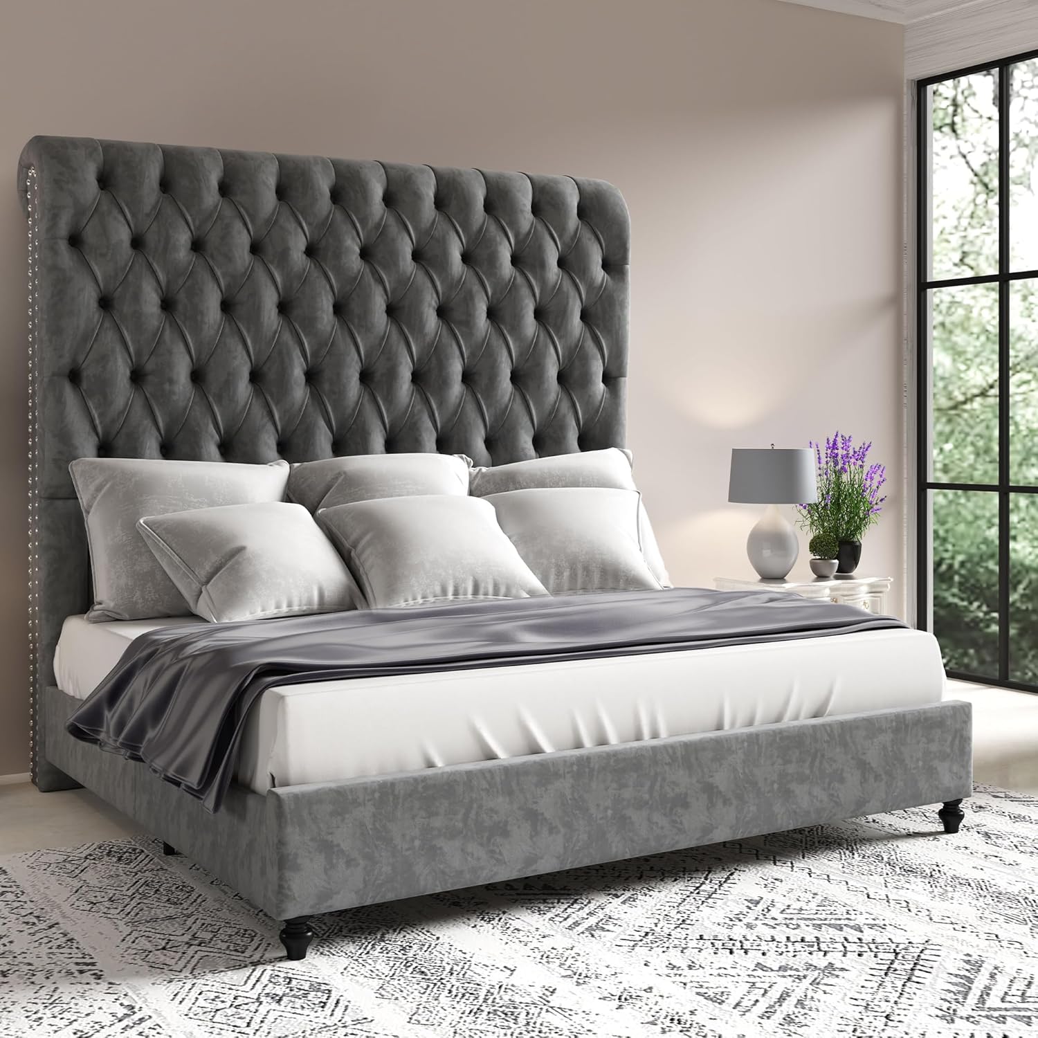 Jocisland Queen Bed Frame with Headboard 59" Tall,Platform Bed Frame with Velvet Upholstered Headboard,Handcrafted Deepbutton Tufted,Solid Wood Legs,Noise-Reducing,No Box Spring Needed,Cream