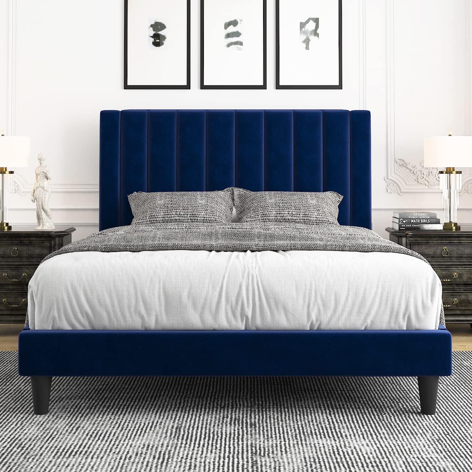 Allewie Queen Bed Frame/Velvet Upholstered Bed Frame with Vertical Channel Tufted Headboard/Strong Wooden Slats/Platform Bed Frame/Mattress Foundation/Box Spring Optional/Easy Assembly/White