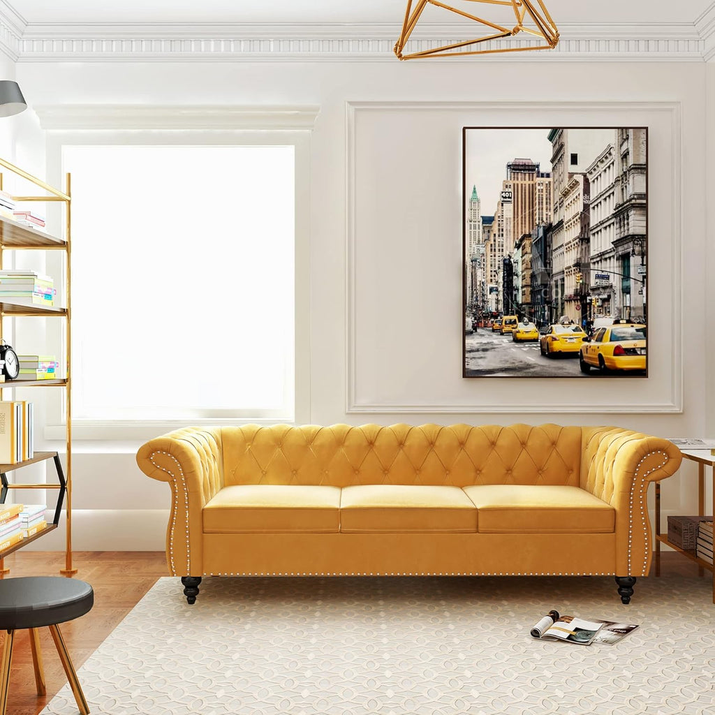 Chesterfield Sofa Velvet, Modern Tufted Couch 3 Seater with Rolled Arms and Nailhead for Living Room, Bedroom, Office, Apartment (Mango)