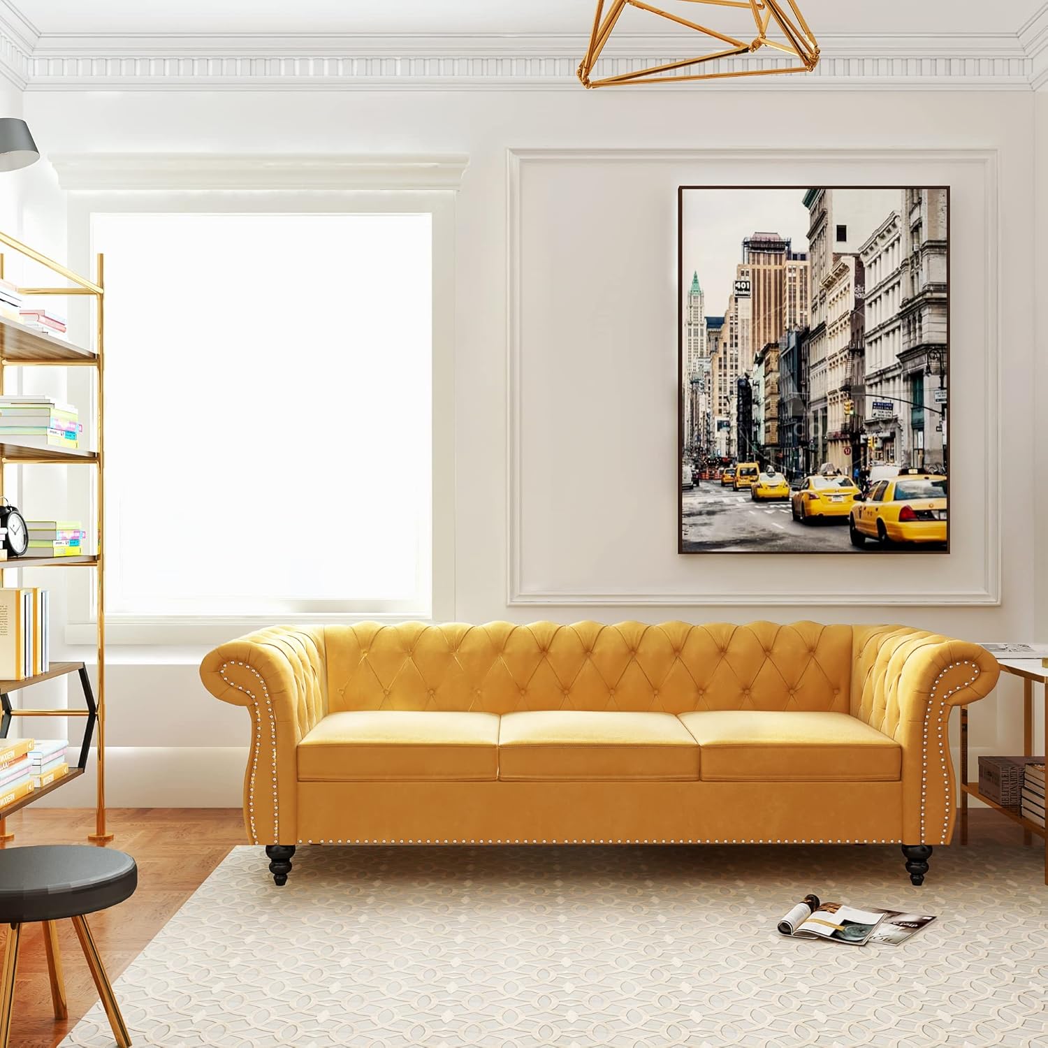 Chesterfield Sofa Velvet, Modern Tufted Couch 3 Seater with Rolled Arms and Nailhead for Living Room, Bedroom, Office, Apartment (Mango)