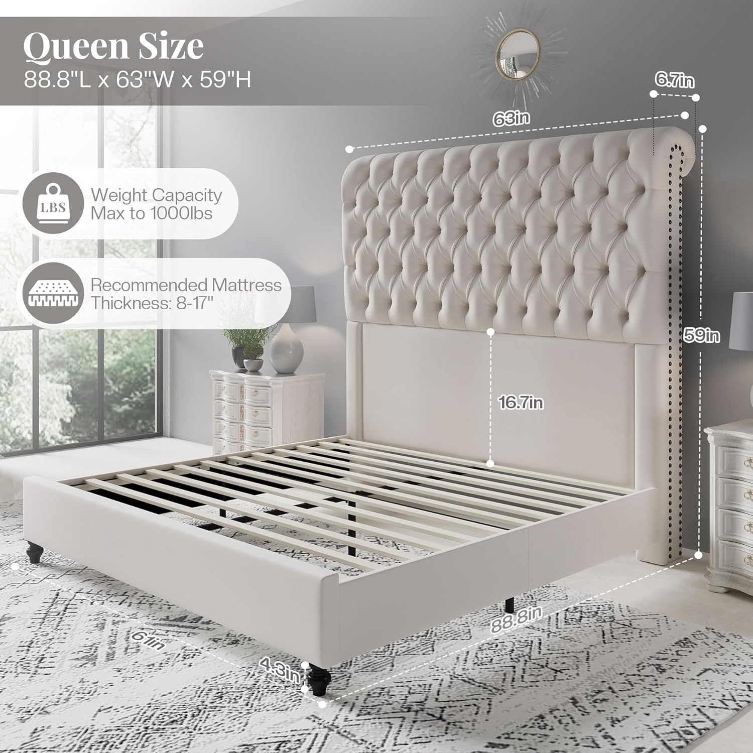 Jocisland Queen Bed Frame with Headboard 59" Tall,Platform Bed Frame with Velvet Upholstered Headboard,Handcrafted Deepbutton Tufted,Solid Wood Legs,Noise-Reducing,No Box Spring Needed,Cream