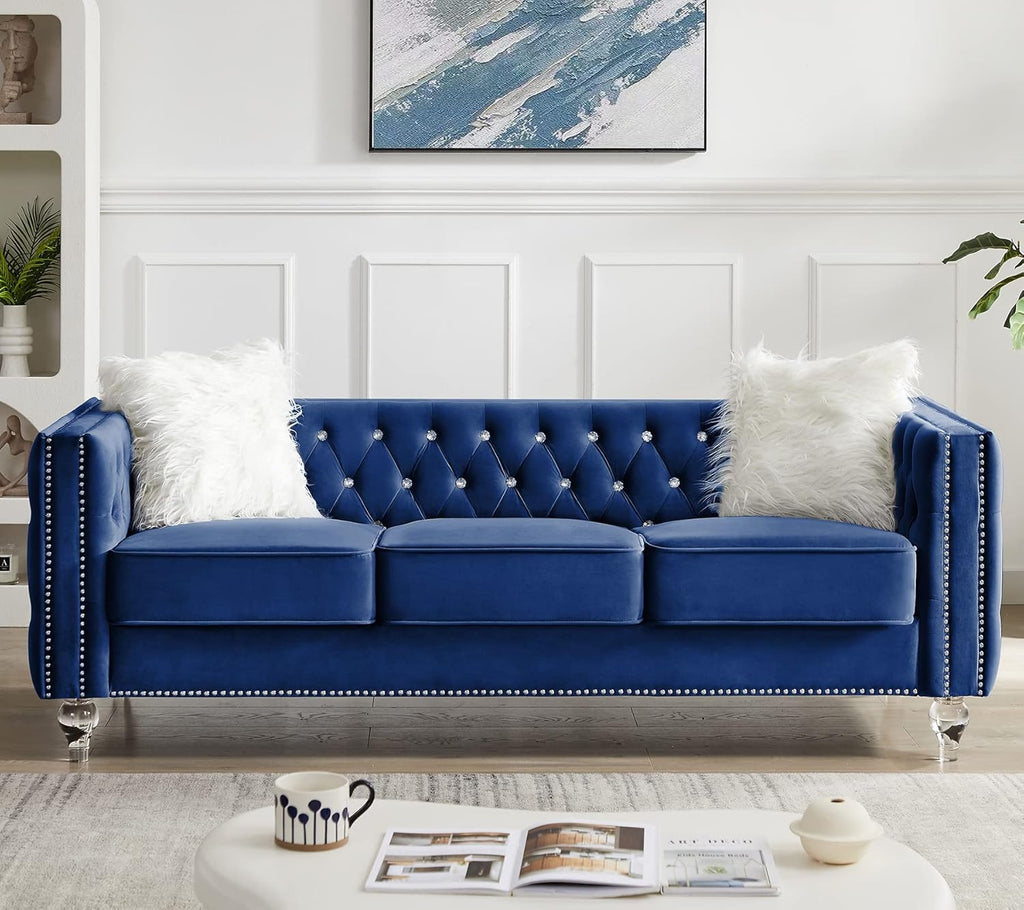 mikibama Velvet 3 Seater Sofa Couch with Buttons and Square Arms 83.07 Inch Tufted 3-seat Sofas with Trimmed Nailhead and Acrylic Legs Modern Couches for Living Room (Navy Blue-Crystal Legs, Sofa)