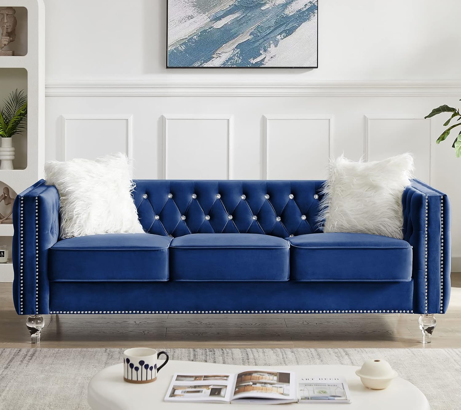 mikibama Velvet 3 Seater Sofa Couch with Buttons and Square Arms 83.07 Inch Tufted 3-seat Sofas with Trimmed Nailhead and Acrylic Legs Modern Couches for Living Room (Navy Blue-Crystal Legs, Sofa)