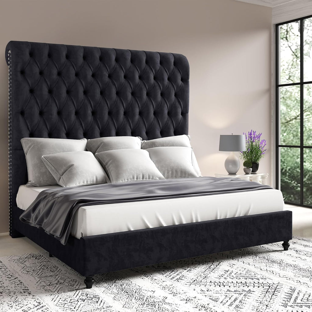 Jocisland Queen Bed Frame with Headboard 59" Tall,Platform Bed Frame with Velvet Upholstered Headboard,Handcrafted Deepbutton Tufted,Solid Wood Legs,Noise-Reducing,No Box Spring Needed,Cream