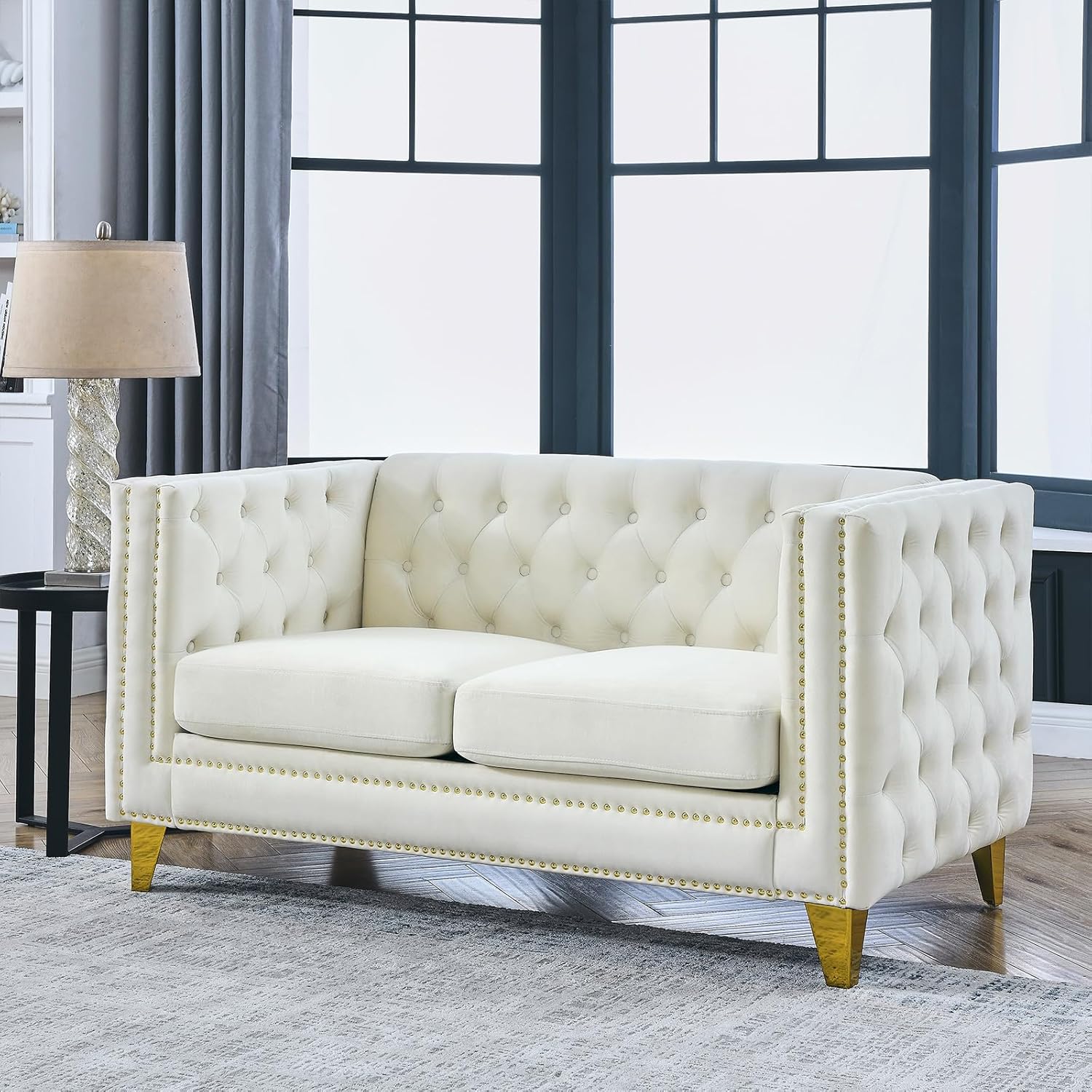 Antetek Comfy Upholstered Couches for Living Room, 80-inch Modern Button Tufted 3-Seater Sofa w/Square Arm, 4 Golden Metal Legs and Gold Nail Heads for Living Room, Office, Apartment, Beige