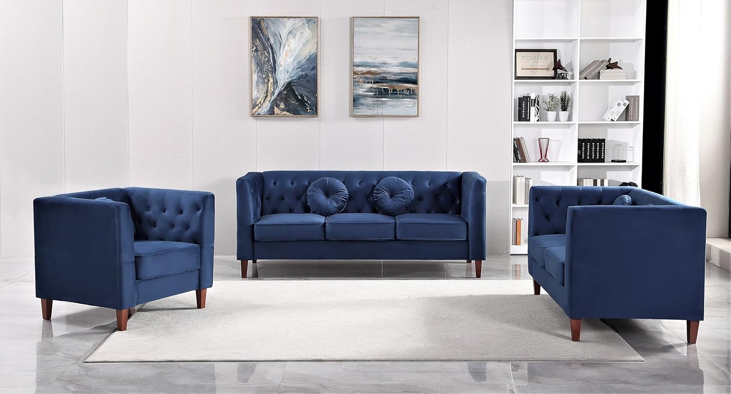 Kittleson Classic Chesterfield Velvet Loveseat Sofa with Elegant Button Tufted Backrest, Square Legs, High-Density Foam & Accent Pillows, 2 Seater Couch for Living Room, Love Seat, Dark Blue