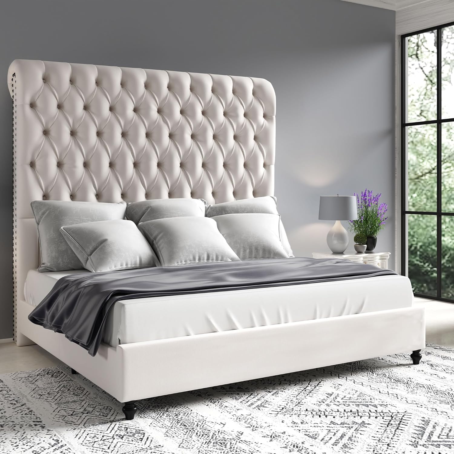 Jocisland Queen Bed Frame with Headboard 59" Tall,Platform Bed Frame with Velvet Upholstered Headboard,Handcrafted Deepbutton Tufted,Solid Wood Legs,Noise-Reducing,No Box Spring Needed,Cream