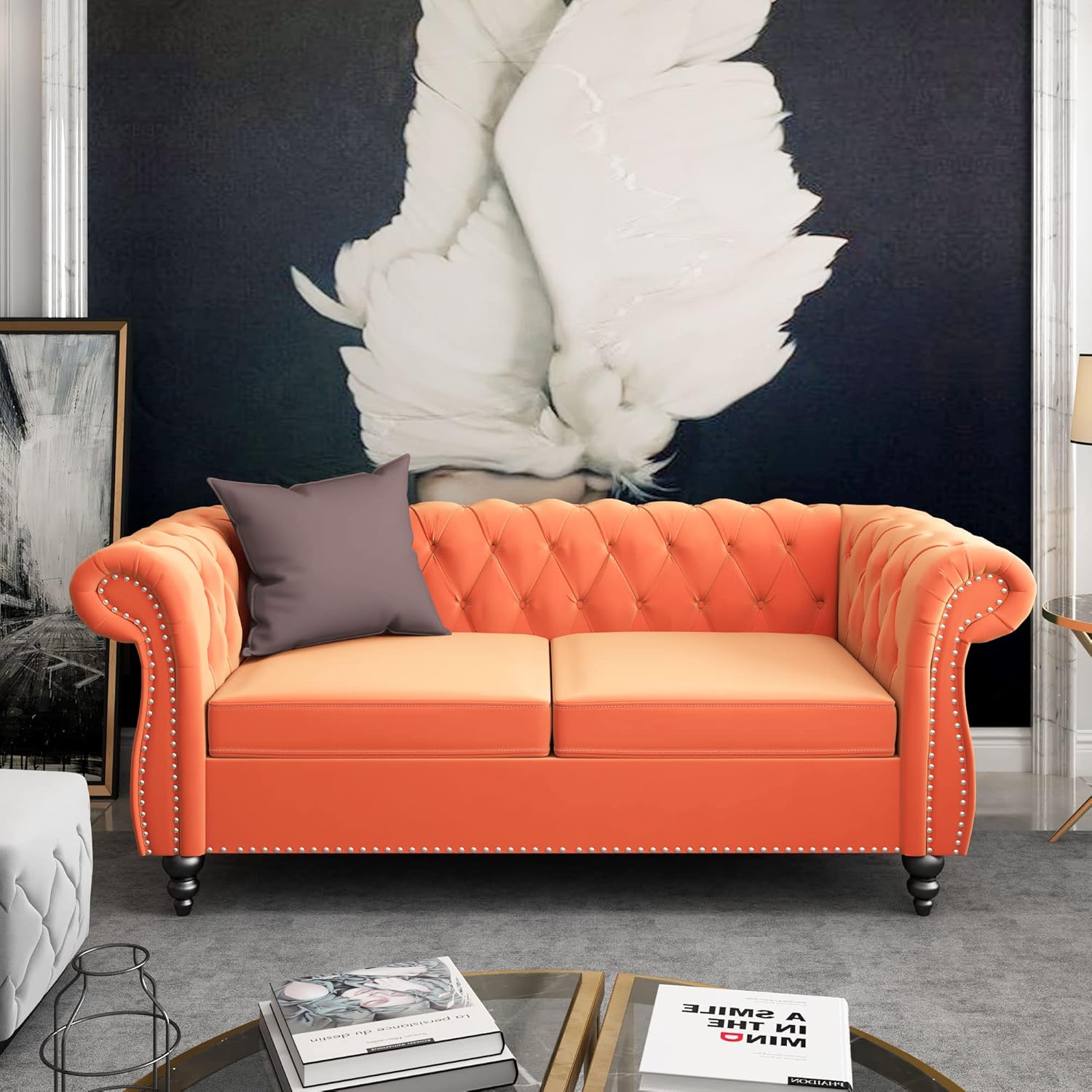 Chesterfield Sofa Velvet, Modern Tufted Couch 3 Seater with Rolled Arms and Nailhead for Living Room, Bedroom, Office, Apartment (Mango)
