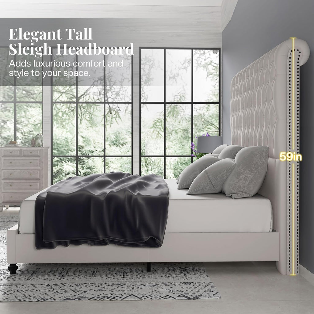 Jocisland Queen Bed Frame with Headboard 59" Tall,Platform Bed Frame with Velvet Upholstered Headboard,Handcrafted Deepbutton Tufted,Solid Wood Legs,Noise-Reducing,No Box Spring Needed,Cream