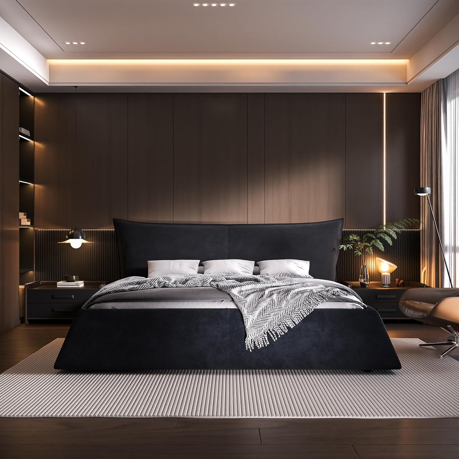 DEINPPA Contemporary Upholstered Bed with Oversized Soft Headboard, King Size Platform Bed |Thickening Pine Wood Slats|No Box Spring Needed|1000 Lbs Weight Capacity-for Adult Master Bedroom-Black