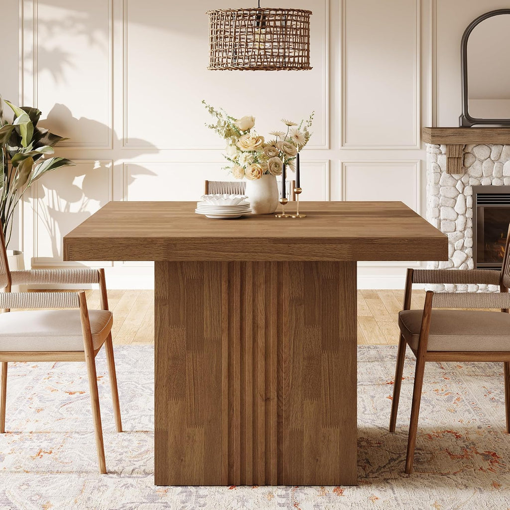 Tribesigns 39-Inch Square Dining Table for 4, Farmhouse Kitchen Dinner Table with Fluted Pedestal Base for Dining Room, Kitchen, Living Room, Apartments, Small Space, Easy to Assemble, Brown