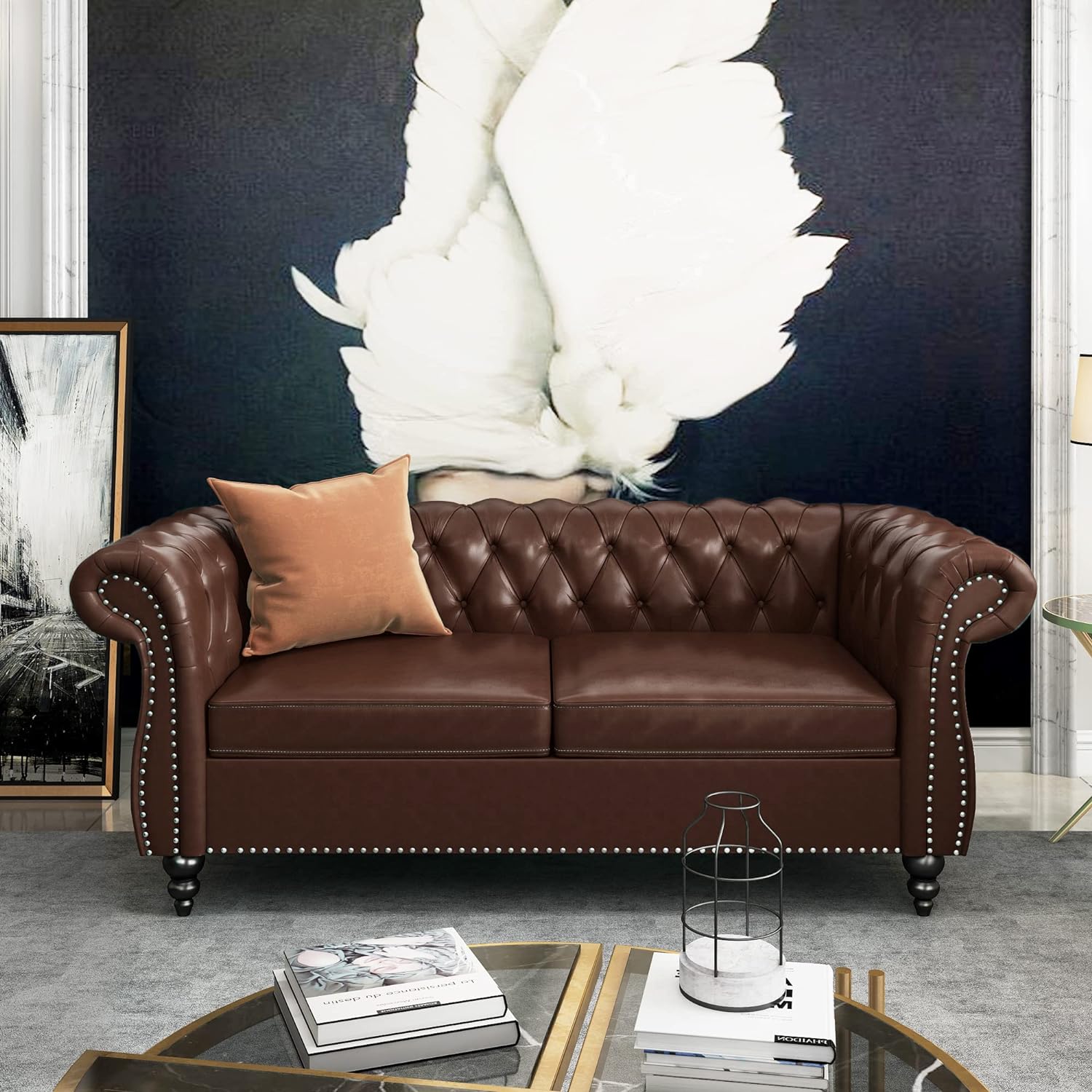 Chesterfield Sofa Velvet, Modern Tufted Couch 3 Seater with Rolled Arms and Nailhead for Living Room, Bedroom, Office, Apartment (Mango)