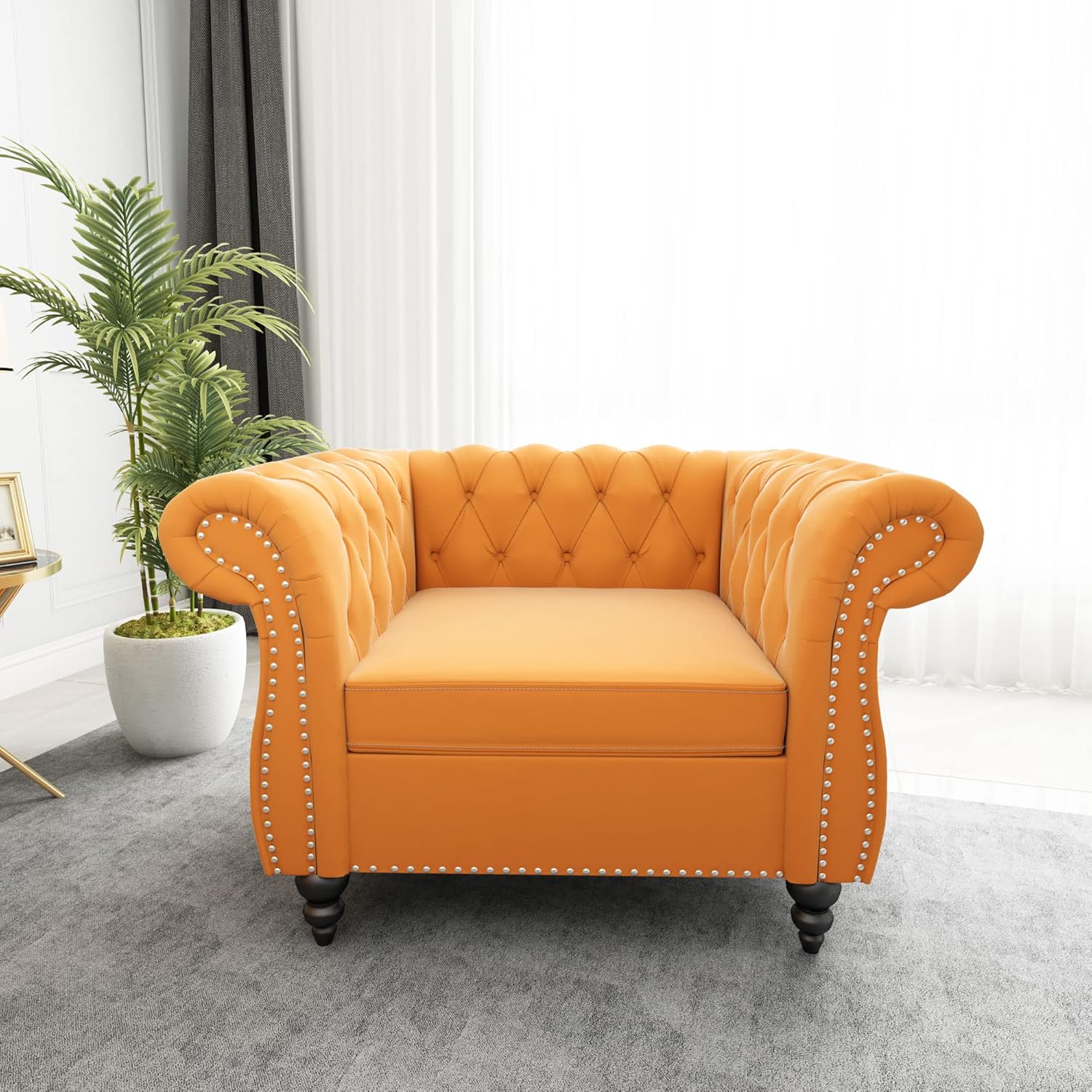 Chesterfield Sofa Velvet, Modern Tufted Couch 3 Seater with Rolled Arms and Nailhead for Living Room, Bedroom, Office, Apartment (Mango)