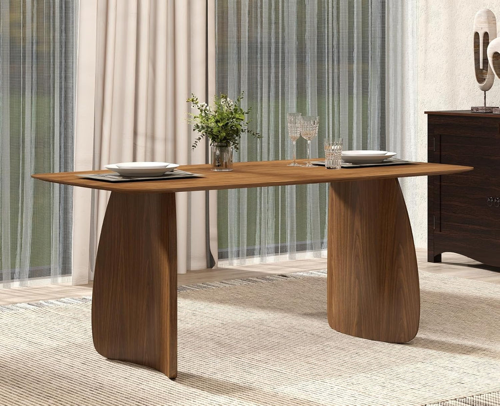 70 Inch Large Dining Table for 6-8 People, Solid Wood Kitchen Table with Curved Wooden Legs, Mid Century Modern Rectangular Long Dinner Table for Dining Room, Walnut