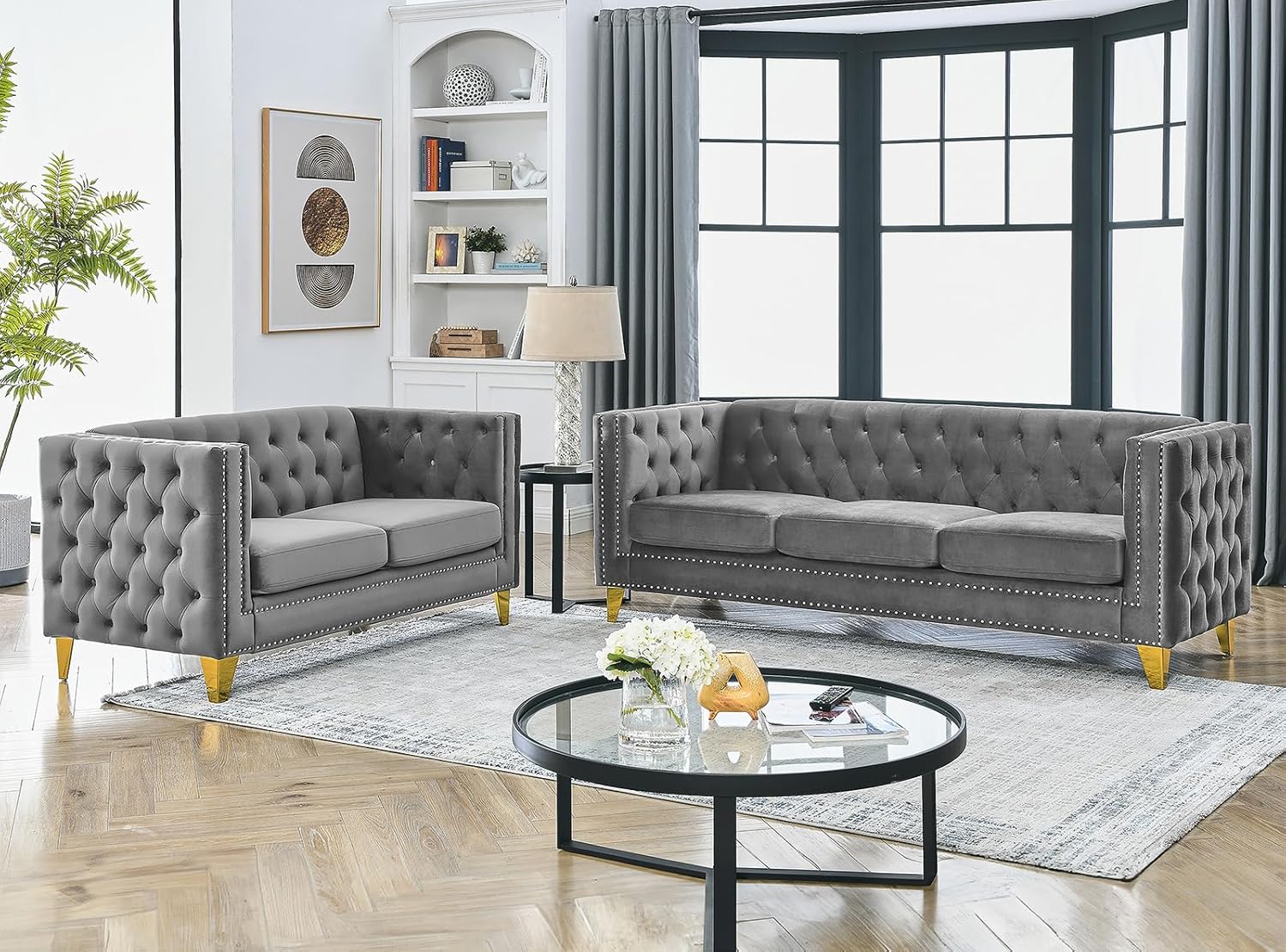 Antetek Comfy Upholstered Couches for Living Room, 80-inch Modern Button Tufted 3-Seater Sofa w/Square Arm, 4 Golden Metal Legs and Gold Nail Heads for Living Room, Office, Apartment, Beige