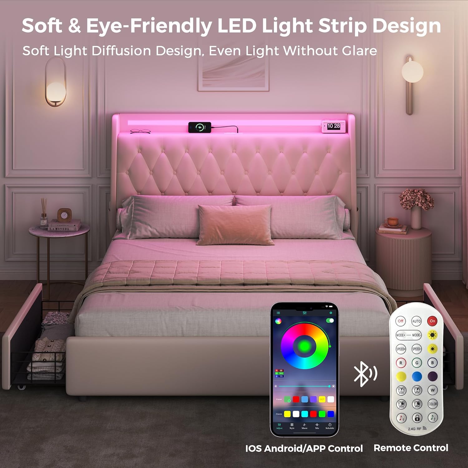 Queen LED Velvet Bed Frame with 2 Storage Drawers&Hidden Headboard, Upholstered Platform Bed with Charging Station&Button Tufted Design, Wooden Slats Support, Box Spring Optional, Easy Assembly, Beige