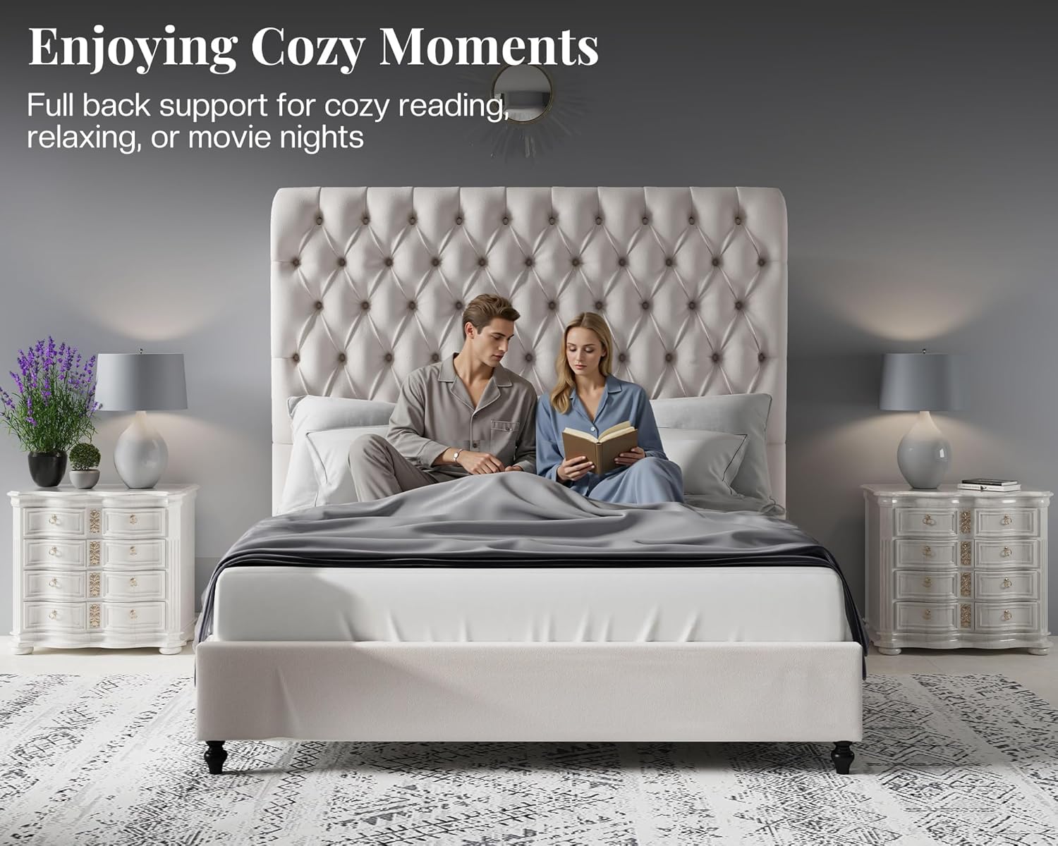 Jocisland Queen Bed Frame with Headboard 59" Tall,Platform Bed Frame with Velvet Upholstered Headboard,Handcrafted Deepbutton Tufted,Solid Wood Legs,Noise-Reducing,No Box Spring Needed,Cream