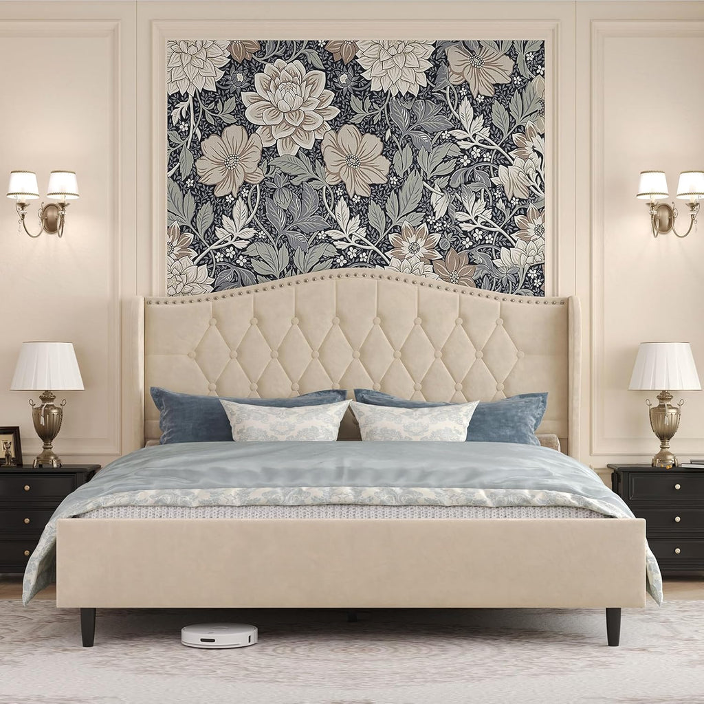 Belffin King Bed Frame and Headboard, Luxury Upholstered Velvet Platform Bed with Wingback, Button Tufted & Nailhead Trim, Anti-Slide Tall Footboard, No Box Spring Needed, Noise-Free, Black