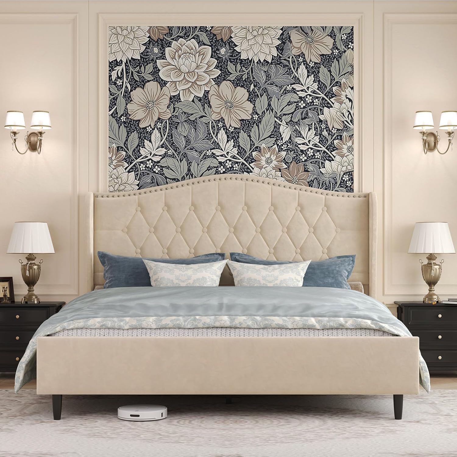 Belffin King Bed Frame and Headboard, Luxury Upholstered Velvet Platform Bed with Wingback, Button Tufted & Nailhead Trim, Anti-Slide Tall Footboard, No Box Spring Needed, Noise-Free, Black