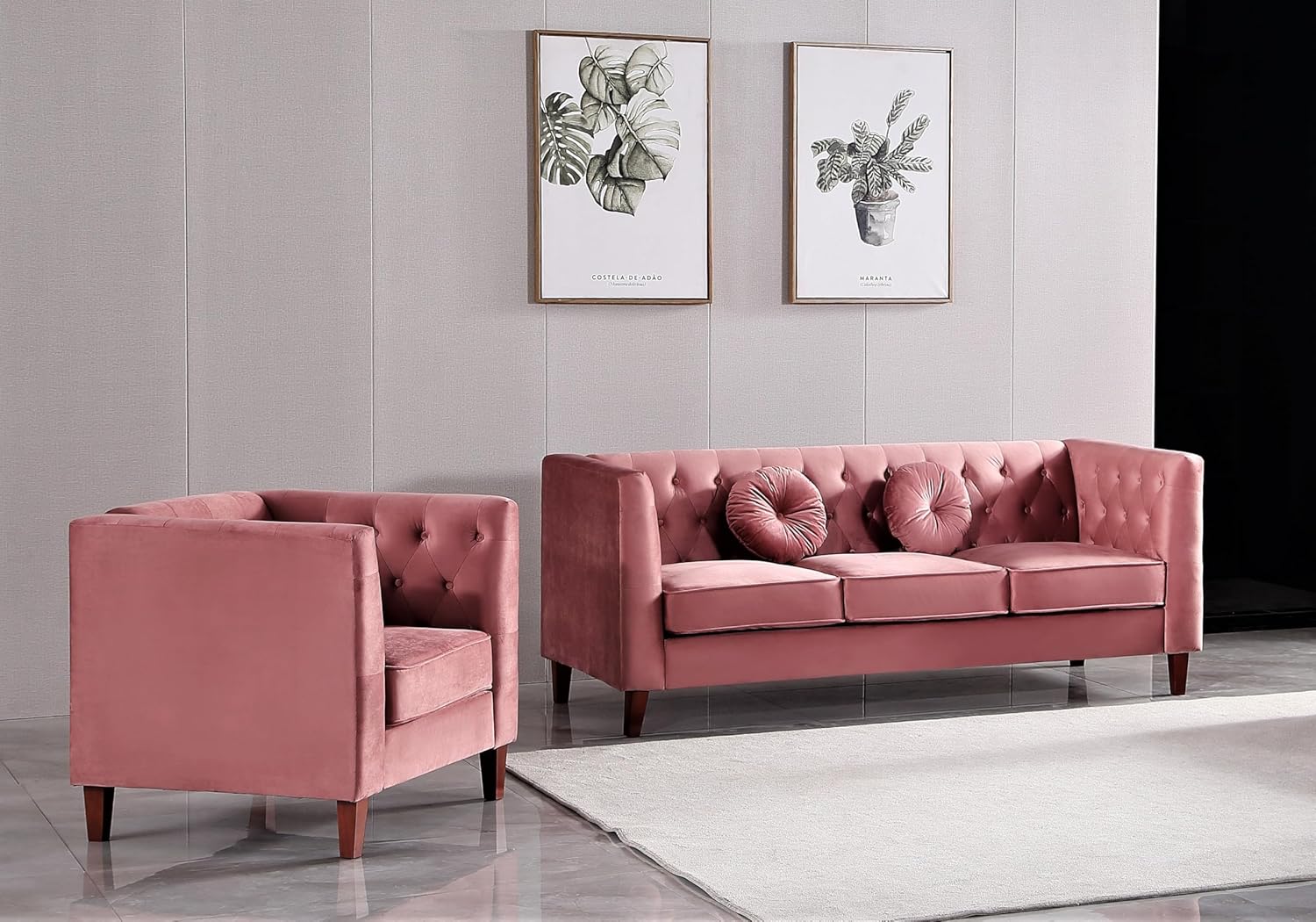 Kittleson Classic Chesterfield Velvet Loveseat Sofa with Elegant Button Tufted Backrest, Square Legs, High-Density Foam & Accent Pillows, 2 Seater Couch for Living Room, Love Seat, Dark Blue