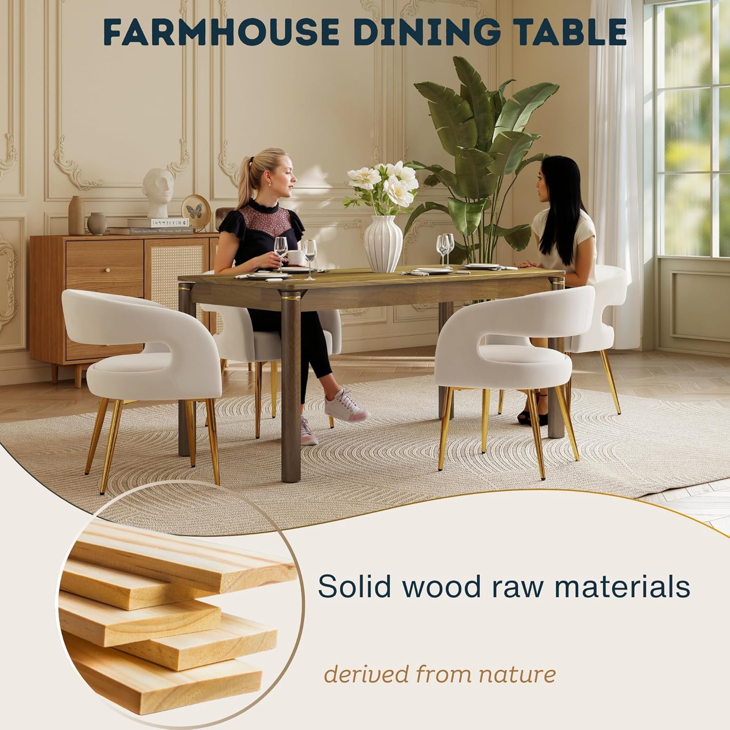 Solid Wood Dining Table for 4-6, 63 Inch Mid Century Modern Rectangular Kitchen Table with Gold Ring Decoration, Farmhouse Dinner Table for Dining Room/Home Office/Restaurant, Walnut