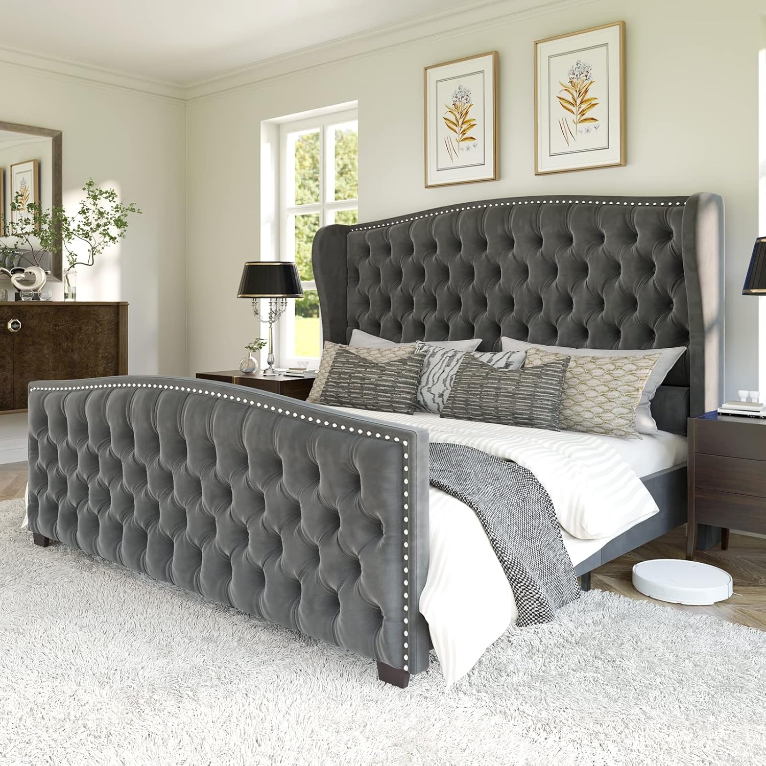 AMERLIFE Queen Size Platform Bed Frame, Velvet Upholstered Bed with Deep Button Tufted & Nailhead Trim Wingback Headboard/No Box Spring Needed/Grey
