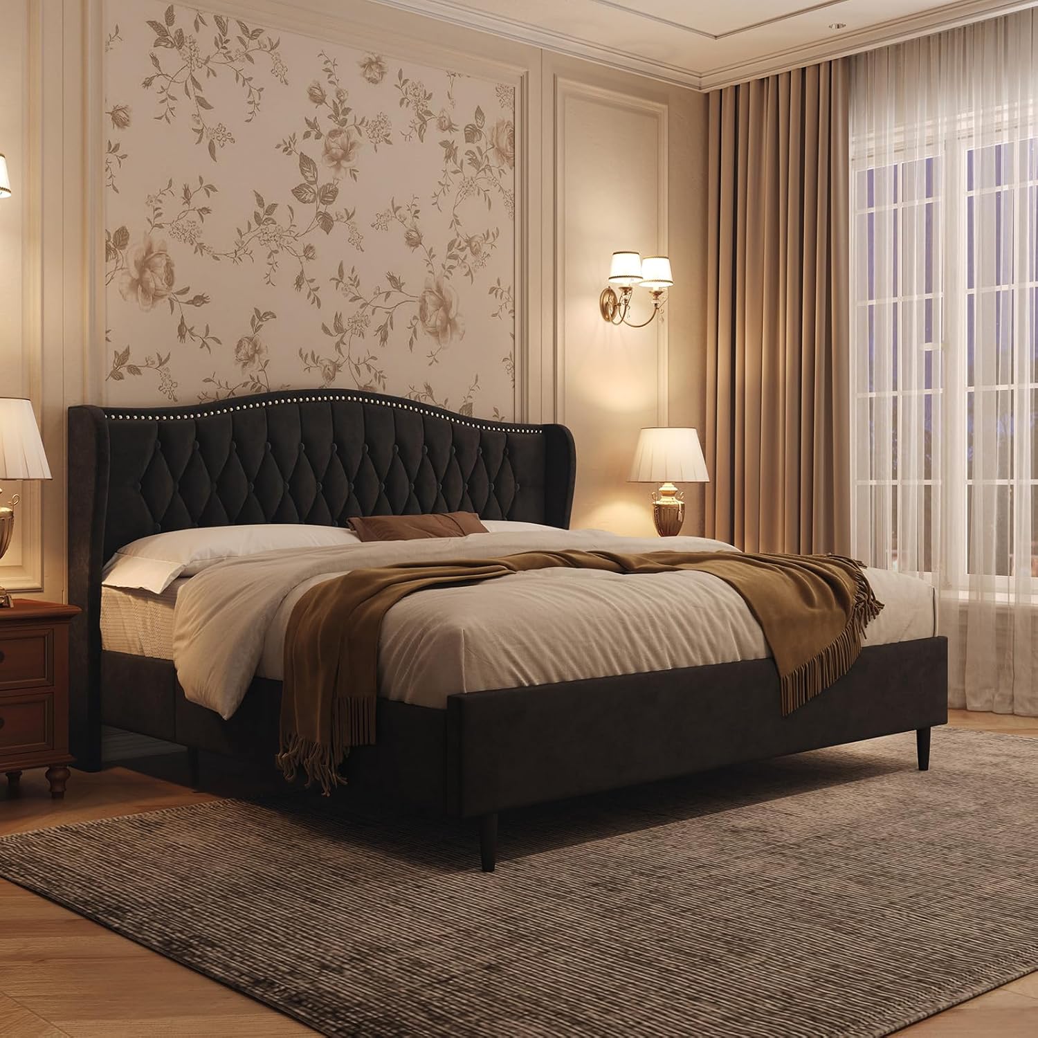 Belffin King Bed Frame and Headboard, Luxury Upholstered Velvet Platform Bed with Wingback, Button Tufted & Nailhead Trim, Anti-Slide Tall Footboard, No Box Spring Needed, Noise-Free, Black